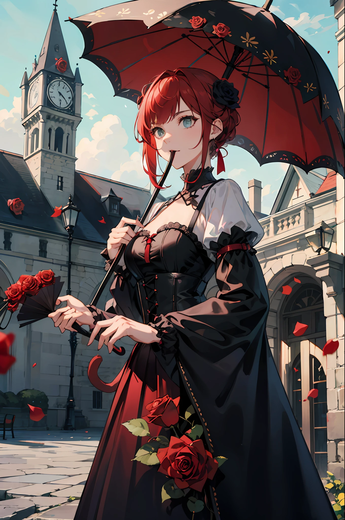 Cat lady，Gothic costumes，Umbrella in hand，Mouth with roses，Rose red hair，castle background