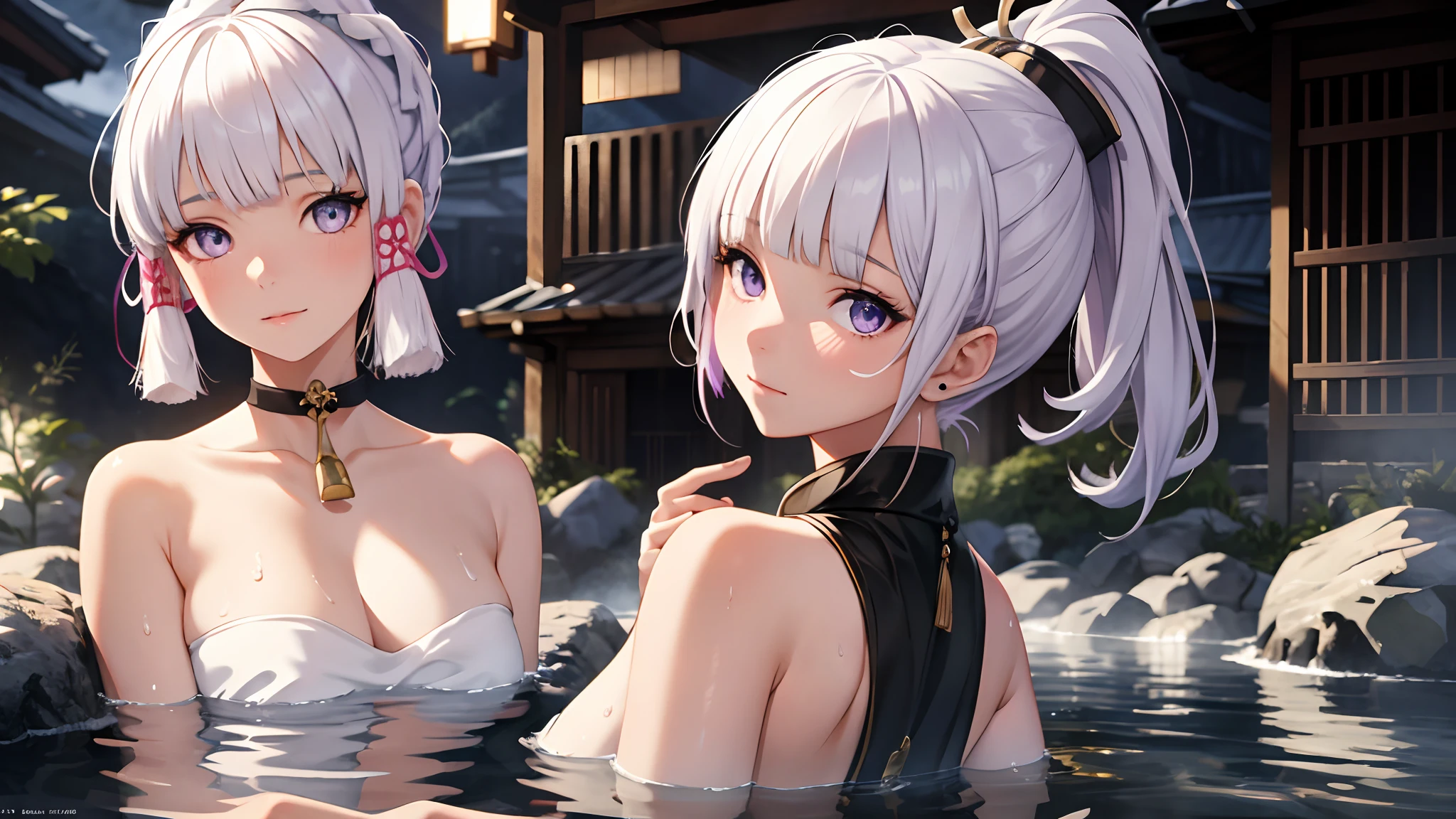 1girl, white hair, purple eyes, portrait, realistic, towel, (onsen), sidelighting, wallpaper, nsfw,Black clothes