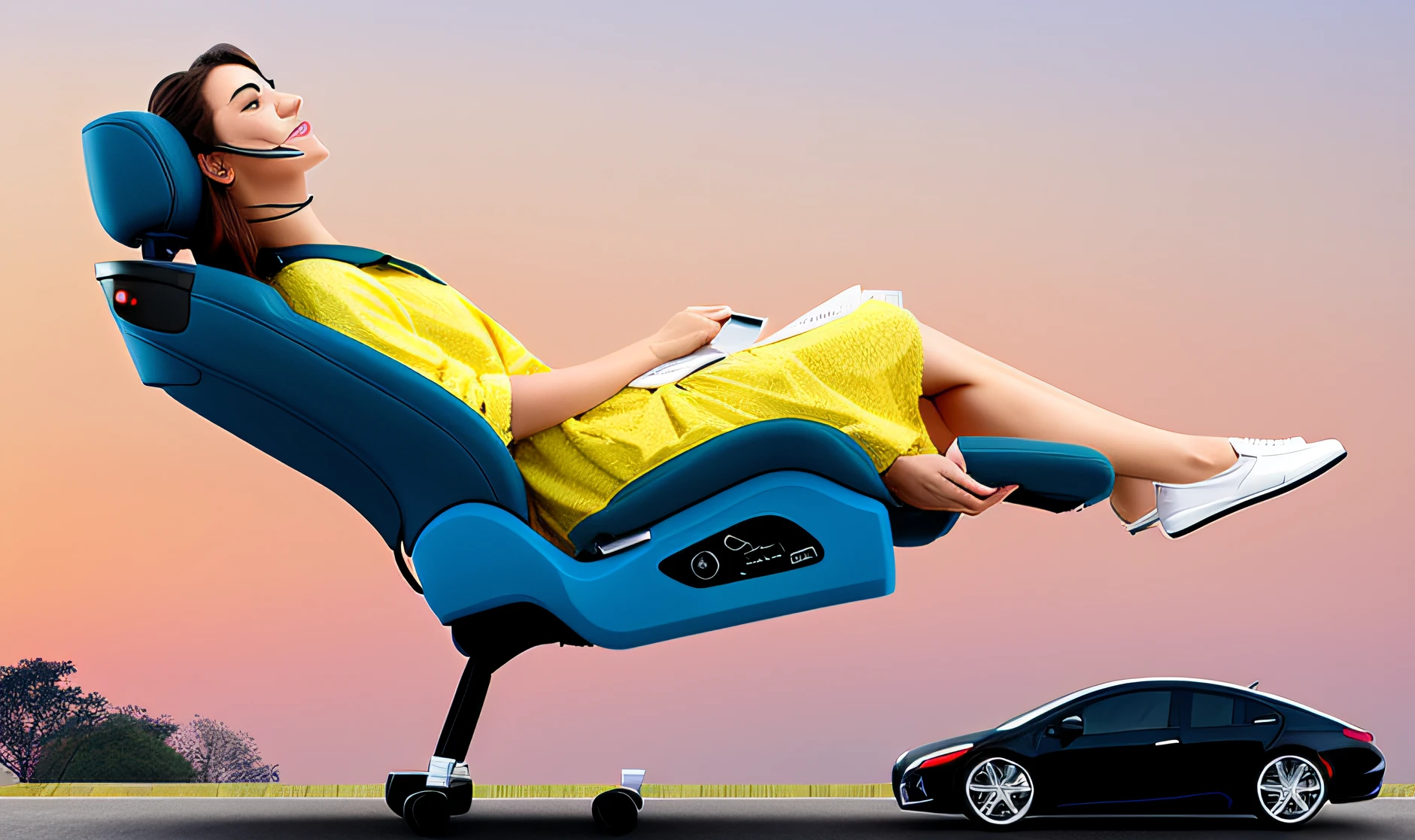 Someone lying on a chair，Cars in the background，Technology elements，Ergonomic seat