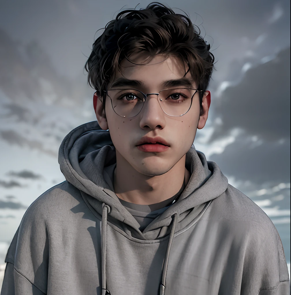 (masterpiece:1.2), (best quality:1.2), hyper realistic,highestres,absurdres,extremely detailed,volumetic,dramatic lighting,(frontal view),
20 year old boy,face,detailed eyes, grey hoodie, black t-shirt, with background ((sky))