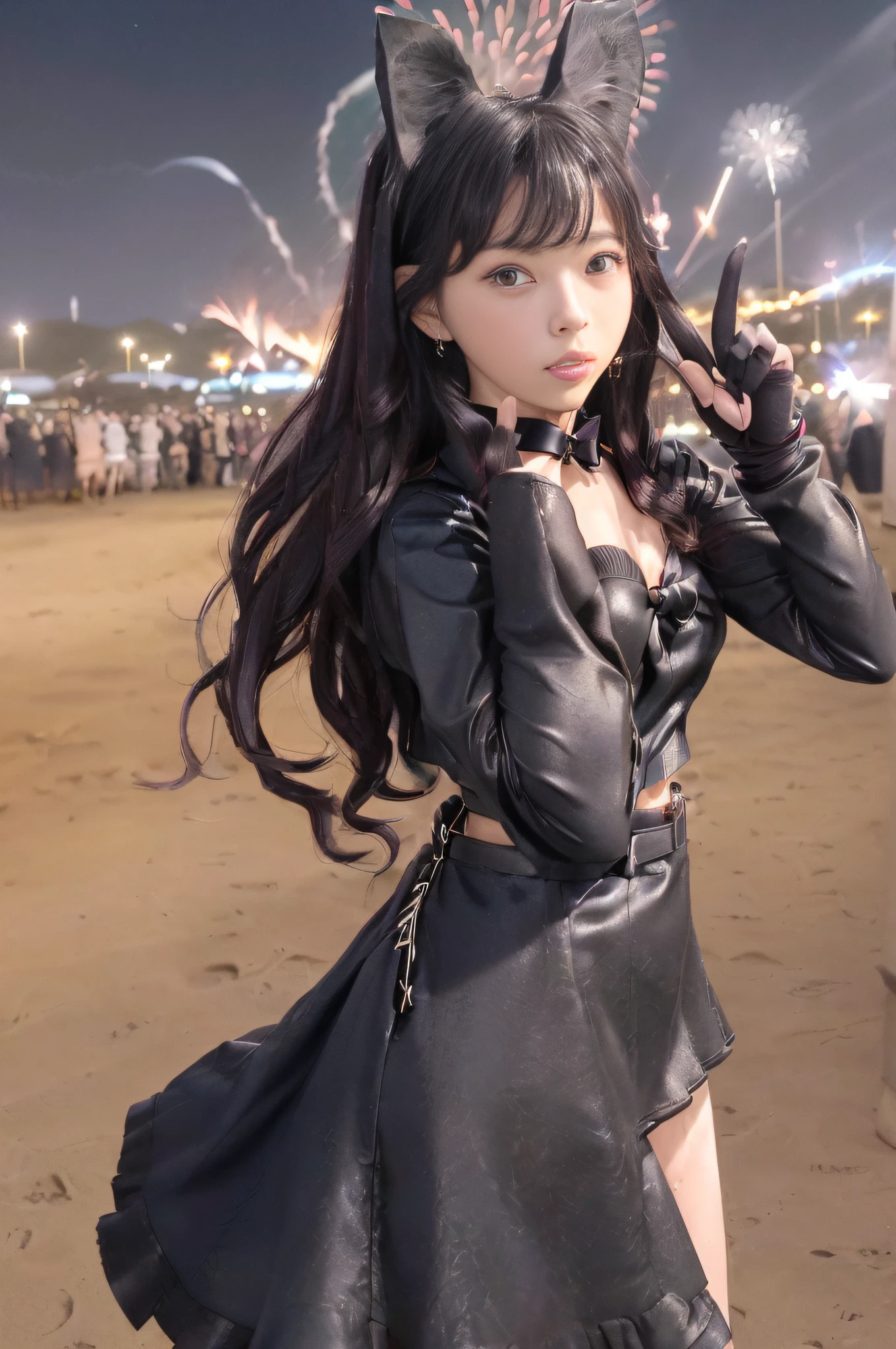 ((((full body focus))))、Maria、((22 years old))、(((Black theme)))、((((Take a selfie with your right hand on your smartphone))))、(((Long ears black bunny girl hair band)))、(((twin-tail hair)))、(((Hair that flutters in the wind)))、Photorealsitic、超A high resolution、Convoluted、ultra-detailliert、(dent in the skin)、Cute、Feminine、Detailed body、Medium chest、(A detailed face: 1.1)、(Outline of the iris)、(Hydrocore Lens)、(perfect  eyes)、8K picture quality、16k picture quality、realisitic、Beautiful fece、(​masterpiece: 1.2)、(top-quality:1.2)、wide-hips、slenderbody、Optimal ratio of 4 fingers to 1 thumb、((Black Enamel Knee High Boots))、((Black enamel long gloves)) 、(((Black Micro Bikini)))、(((Black sexy bodysuit)))、(((Bunny girl collar and black bow tie)))、(((Golden star-shaped earrings in both ears)))、(((Accurately depict limbs))))、(((Beach at night))、(((Lots of spectators)))、(((Fireworks in the night sky)))