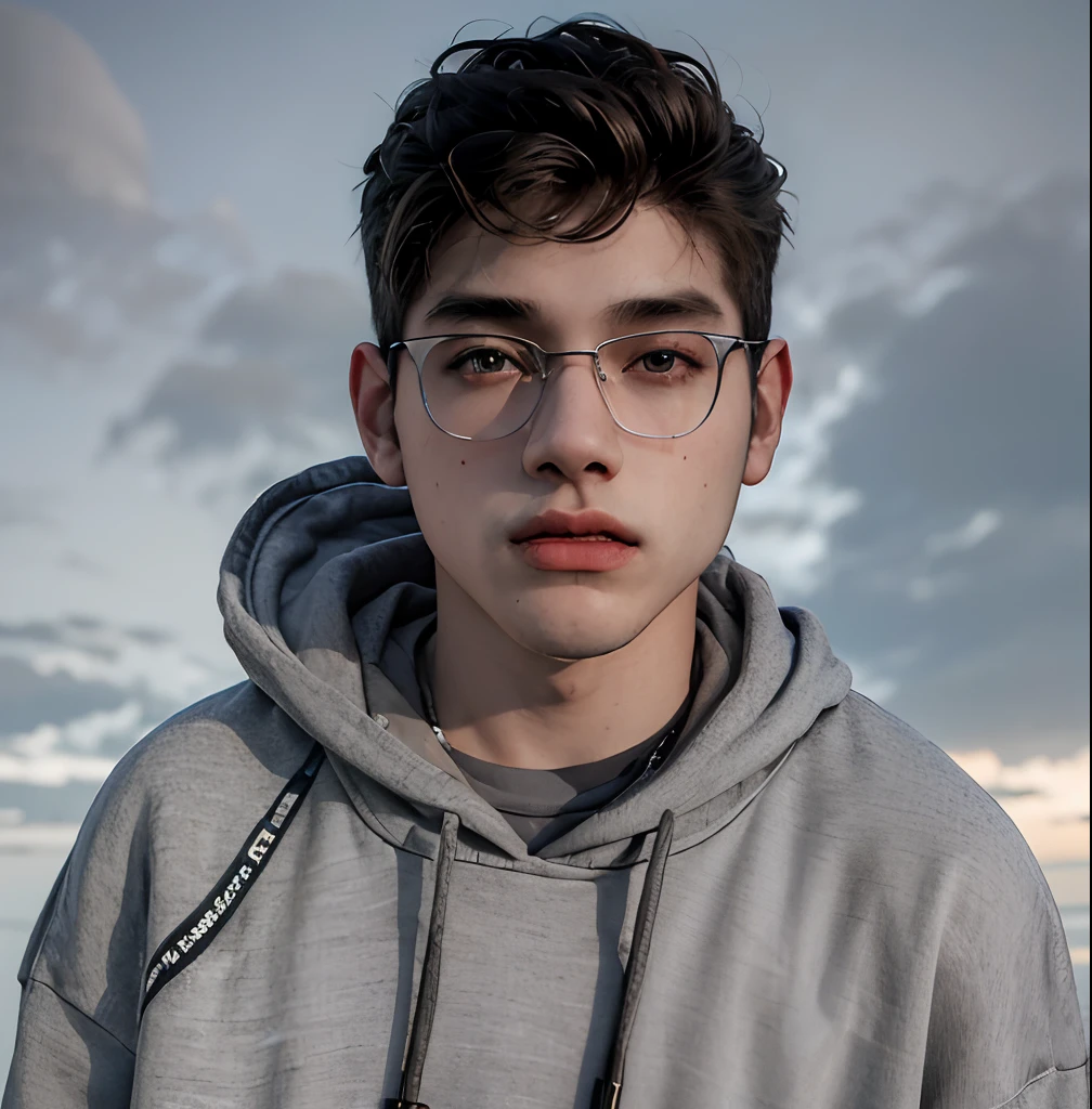 (masterpiece:1.2), (best quality:1.2), hyper realistic,highestres,absurdres,extremely detailed,volumetic,dramatic lighting,(frontal view),
20 year old boy,face,detailed eyes, grey hoodie, black t-shirt, with background ((sky))