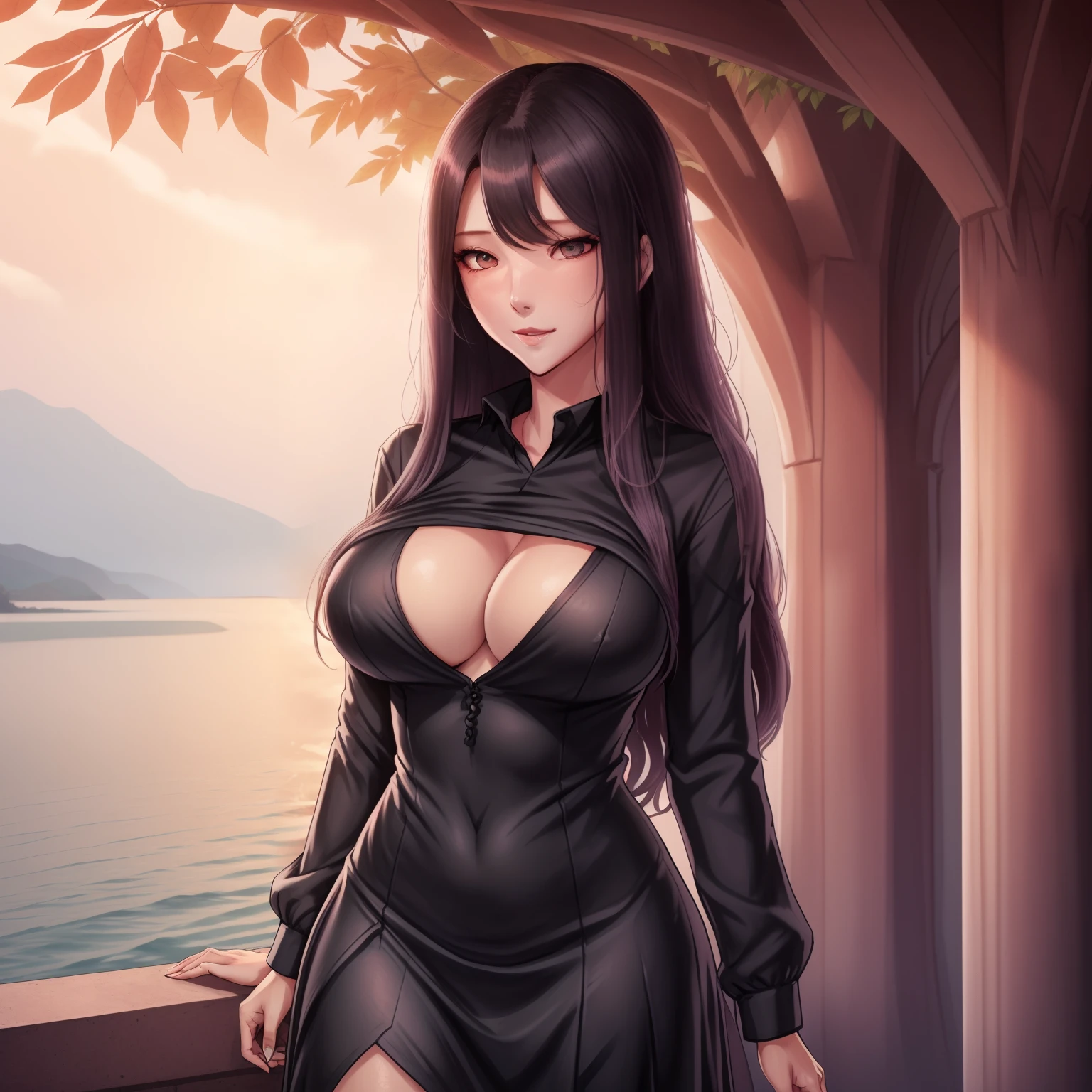 1girl,medusa,he tall,long wet black hair,super big breast,(P cup),age 17,very detailed face,medusa long shirt and long skirt outfit,full body,red peach lips,her nose and cheek was red