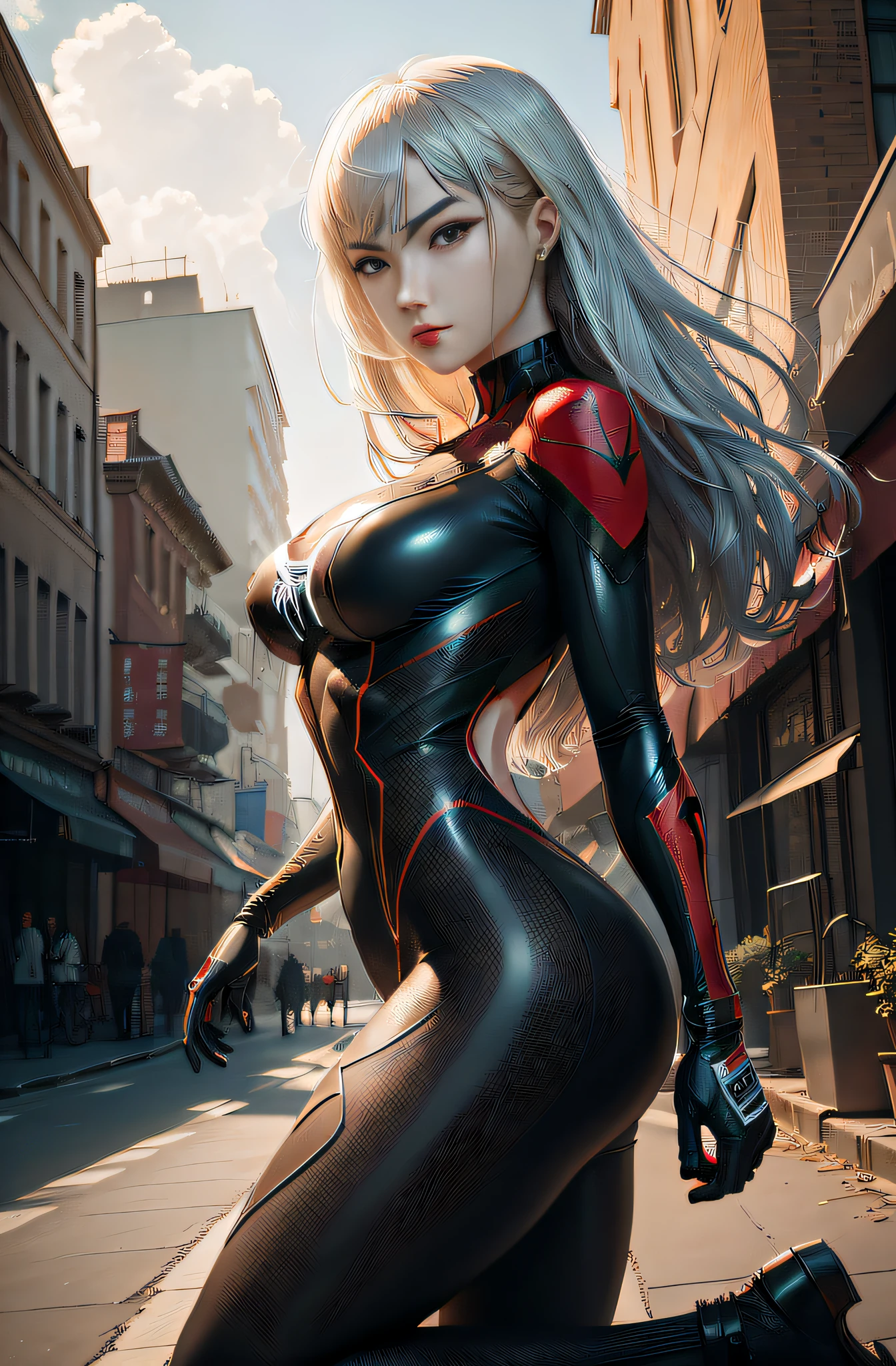 On the street there is a woman in a black and red suit posing, Extremely detailed Artgerm, Ross Tran 8 K, IG model | Art germ, Style Artgerm, alena aenami and artgerm, in the style artgerm, Artistic germ style, author:Chen Jiesheng, Fanart Meilleure ArtStation, Art germ. anime illustration,No earrings,Pink earlobes