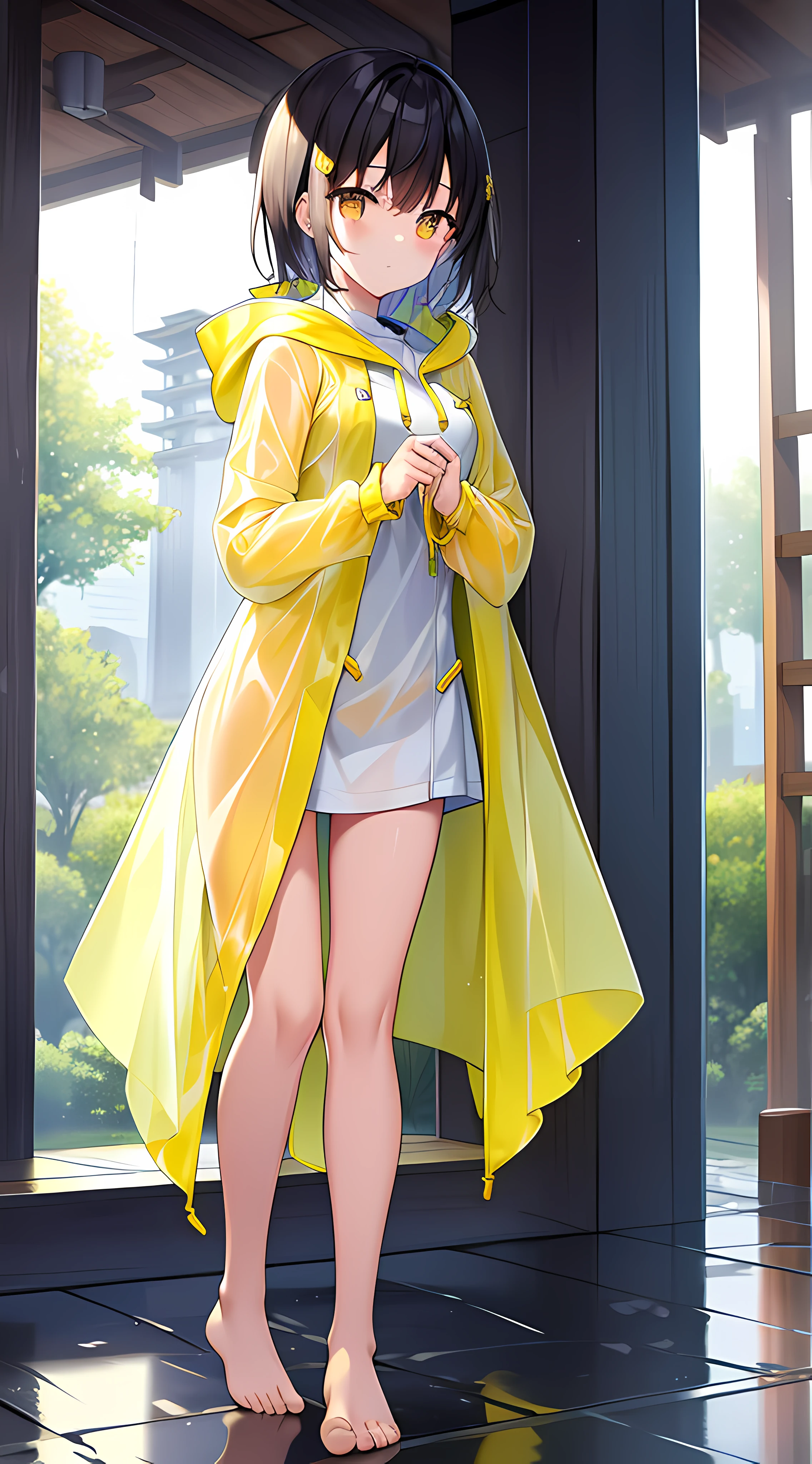 Yellow hood raincoat girl,stand posture,Positive perspective,Barefoot and barefoot,Downpour site,Accentuates the raincoat gel texture,Accentuates the translucent texture of the raincoat。