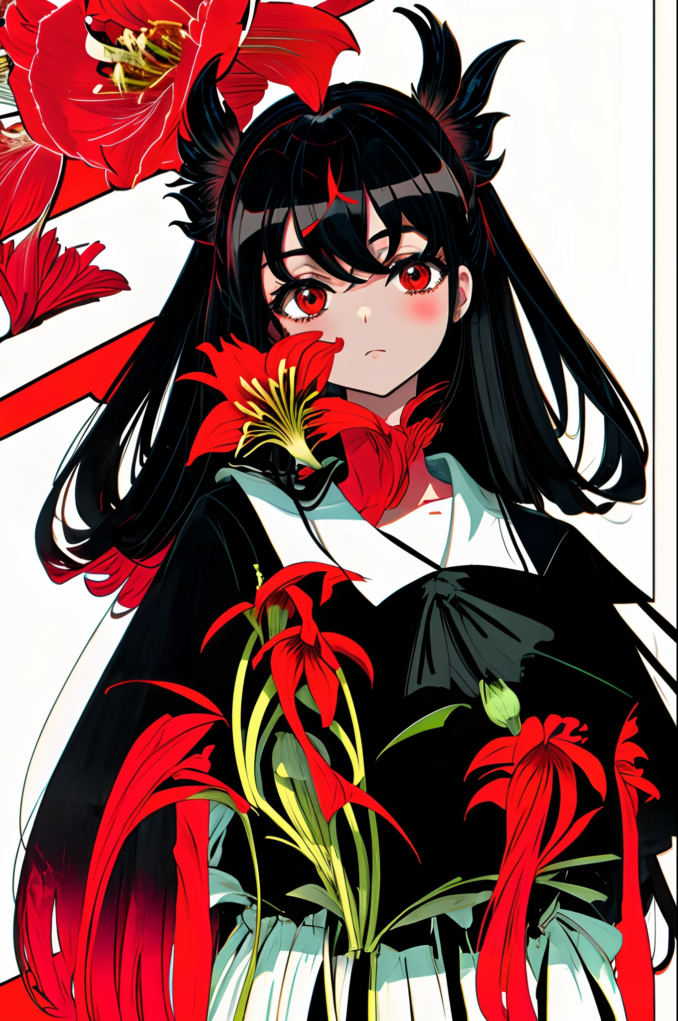 Masterpiece, Best quality, Flat color, limited palette, Low contrast,
1girll, serafuku, Long straight black hair,
amaryllis, goat skull,
(Red, black)