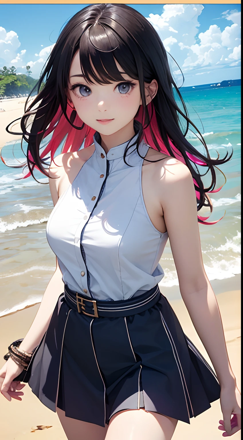 (Close-up of the painting style,8k ultra high definition,Masterpiece grade vista CG wallpaper)美丽细致的眼睛,cute girly,Perfect slim body,Colorful sleeveless dress,Pure eyes,Smooth skin,Walking on the beach,Background sky blank clouds,the sea,sandbeach,Multicolored shells。