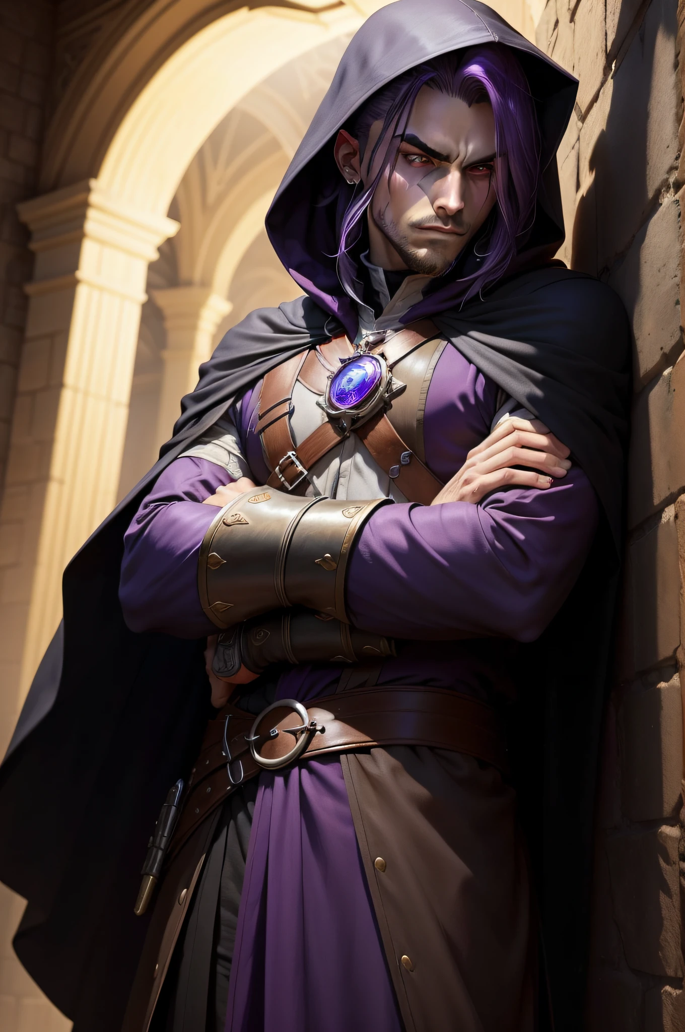 (((masterpiece, Best Quality, Ultra-detailed))), (proficient male assassin, lean against wall, looking down forward, fold his arms, solo, unapproachable vibe, expressionless, serious, Perfect fingers, Perfect hands), 35 years old, (medieval assassin costume, hooded assassin's cloak), Medieval secret guild in the background, indoor, Dynamic Angle, very short hair, purple hair, male villains face, male eyebrows, sharp eyes, sharp nose, forehead, red pupils glowing,