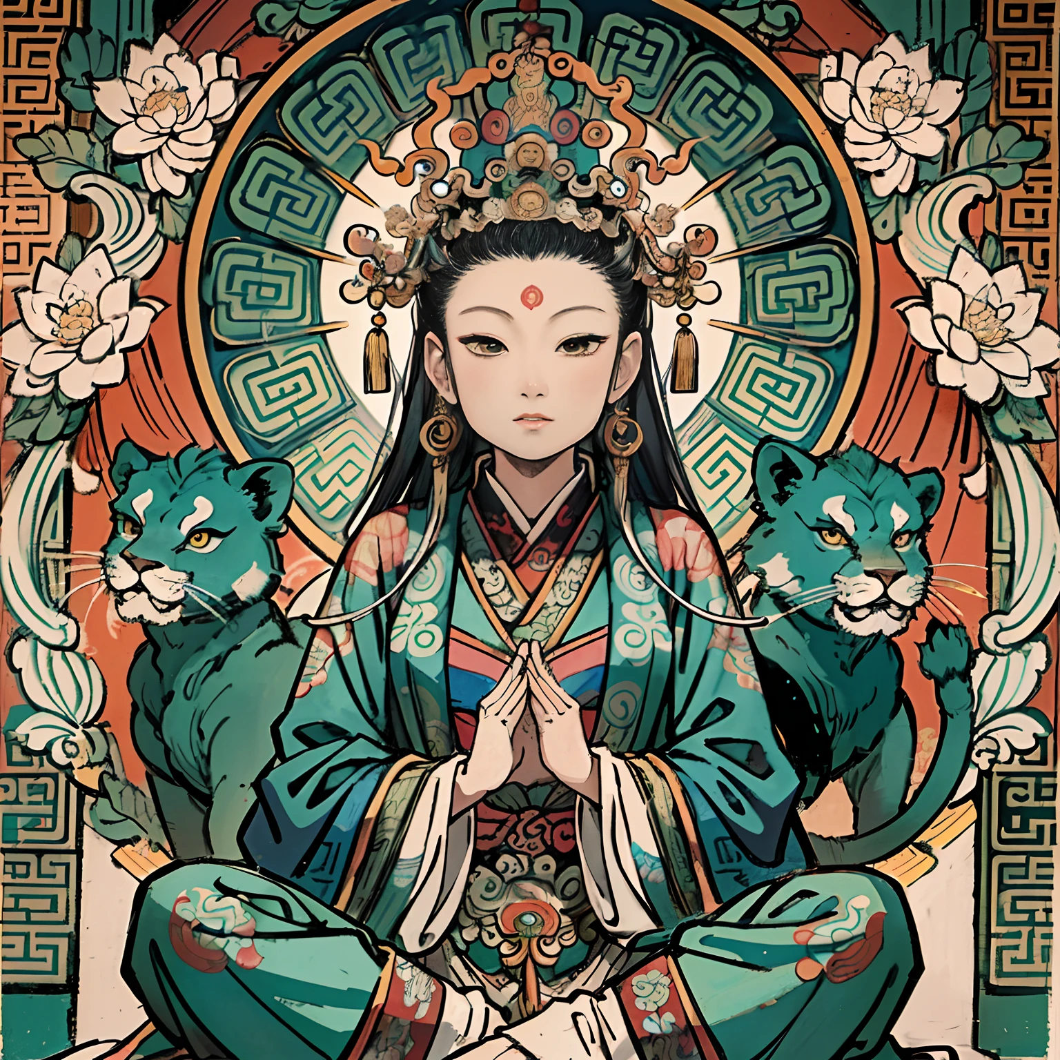 an ancient Chinese goddess, guanyin of the southern seas, Guanyin, Inspired by India, Avalokiteshvara rides a lion,,Serene expression,shui mo hua,Buddha,Buddhist,Lotus,Chinese painting style,Thangka style