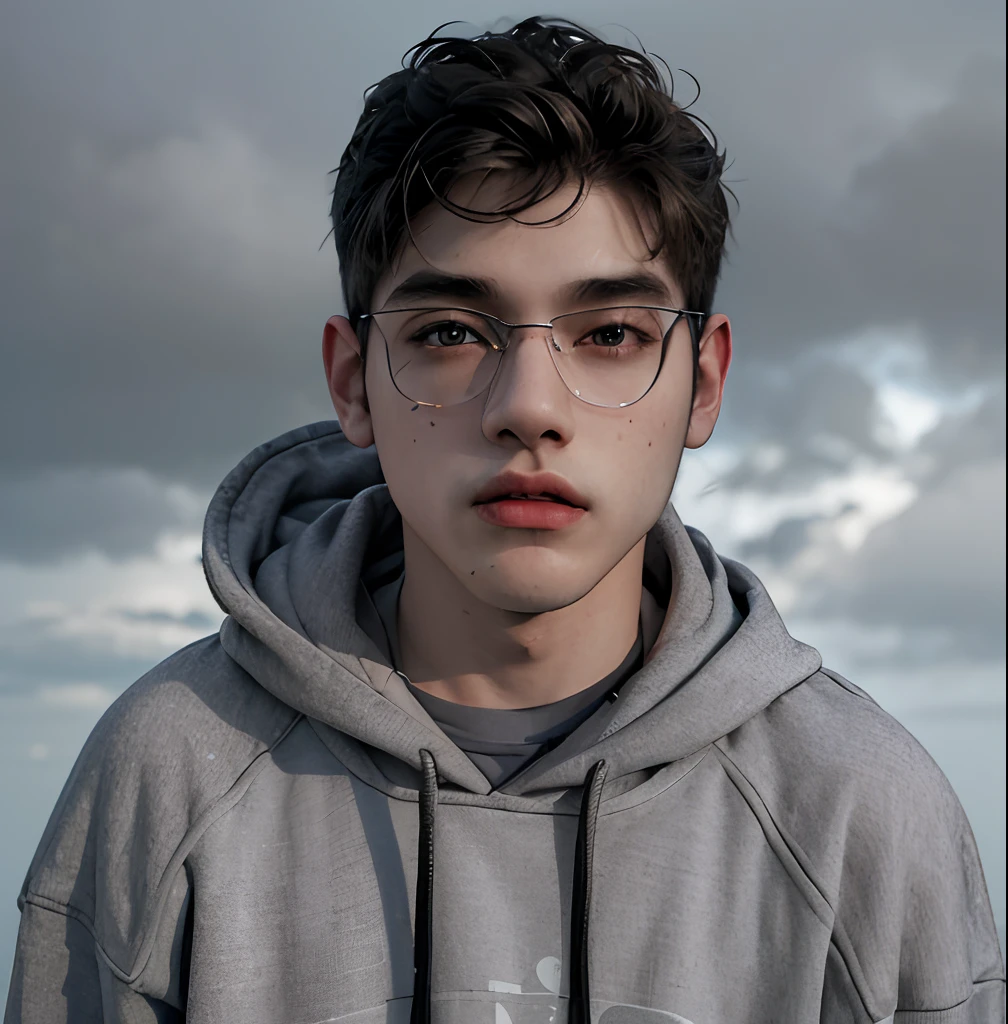 (masterpiece:1.2), (best quality:1.2), hyper realistic,highestres,absurdres,extremely detailed,volumetic,dramatic lighting,(frontal view),
20 year old boy,face,detailed eyes, grey hoodie, black t-shirt, with background ((sky))