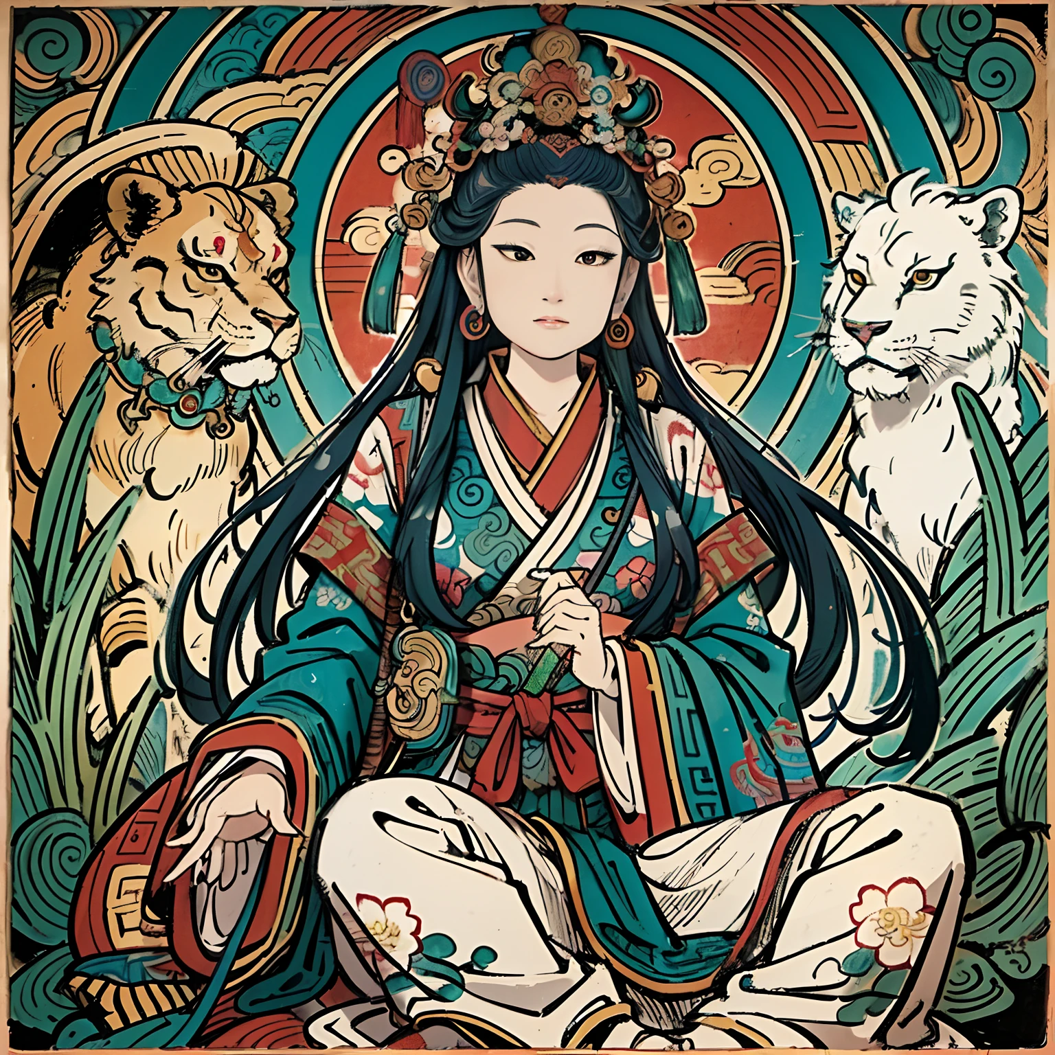 an ancient Chinese goddess, guanyin of the southern seas, Guanyin, Inspired by India, Avalokiteshvara rides a lion,,Serene expression,shui mo hua,Buddha,Buddhist,Lotus,Chinese painting style,Thangka style