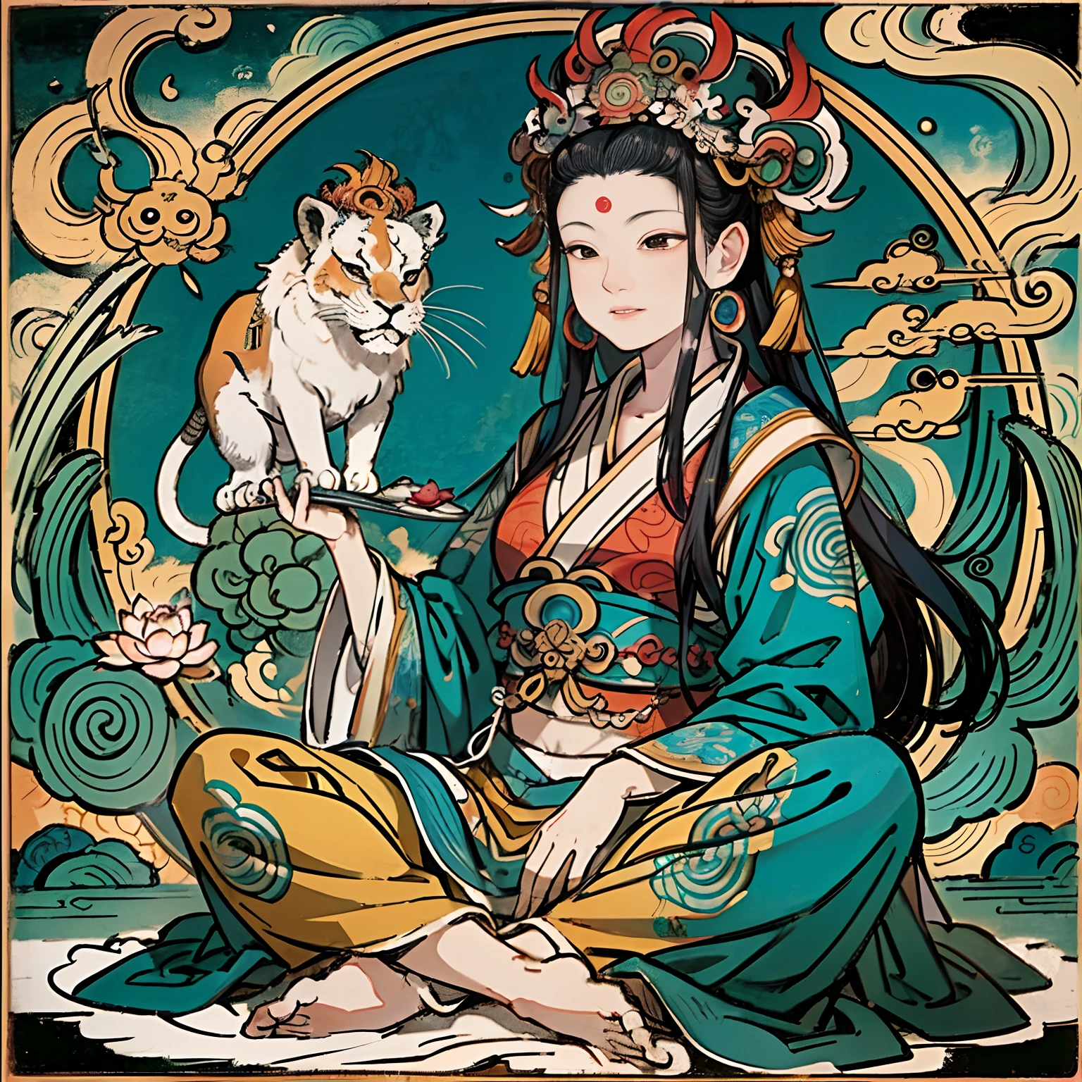 an ancient Chinese goddess, guanyin of the southern seas, Guanyin, Inspired by India, Avalokiteshvara rides a lion,,Serene expression,shui mo hua,Buddha,Buddhist,Lotus,Chinese painting style,Thangka style