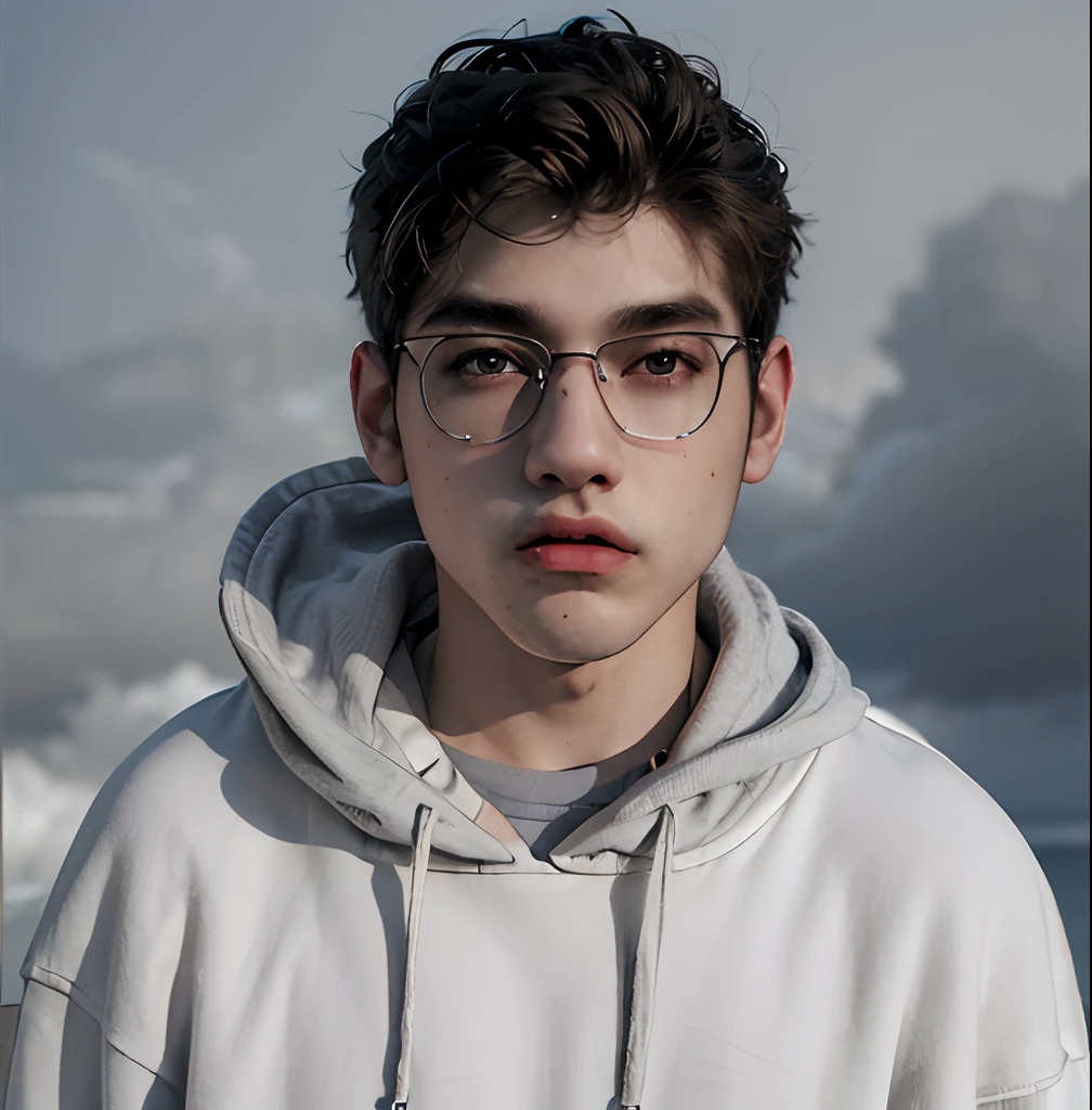 (masterpiece:1.2), (best quality:1.2), hyper realistic,highestres,absurdres,extremely detailed,volumetic,dramatic lighting,(frontal view),
20 year old boy,face,detailed eyes, grey hoodie, black t-shirt, with background ((sky))