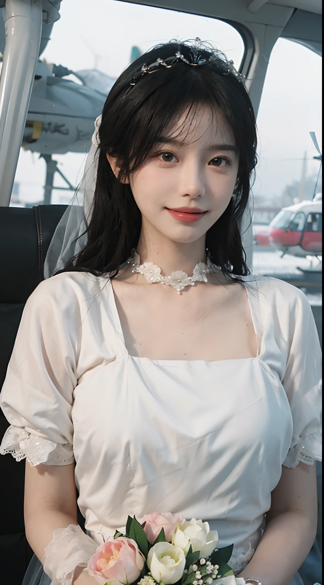 best qualtiy，tmasterpiece，超高分辨率，（realisticlying：1.4），2girls，winking，Large wavy curls，tiara crown，Enchanted smile，二重まぶた，A pair of peach blossom eyes，Snow-white lace wedding dress，Pure，choker necklace，adolable，Snow-white translucent skin，head straight-looking at viewer，On a helicopter，Full of atmosphere，hair pin：1.4，（The upper part of the body：1.4），