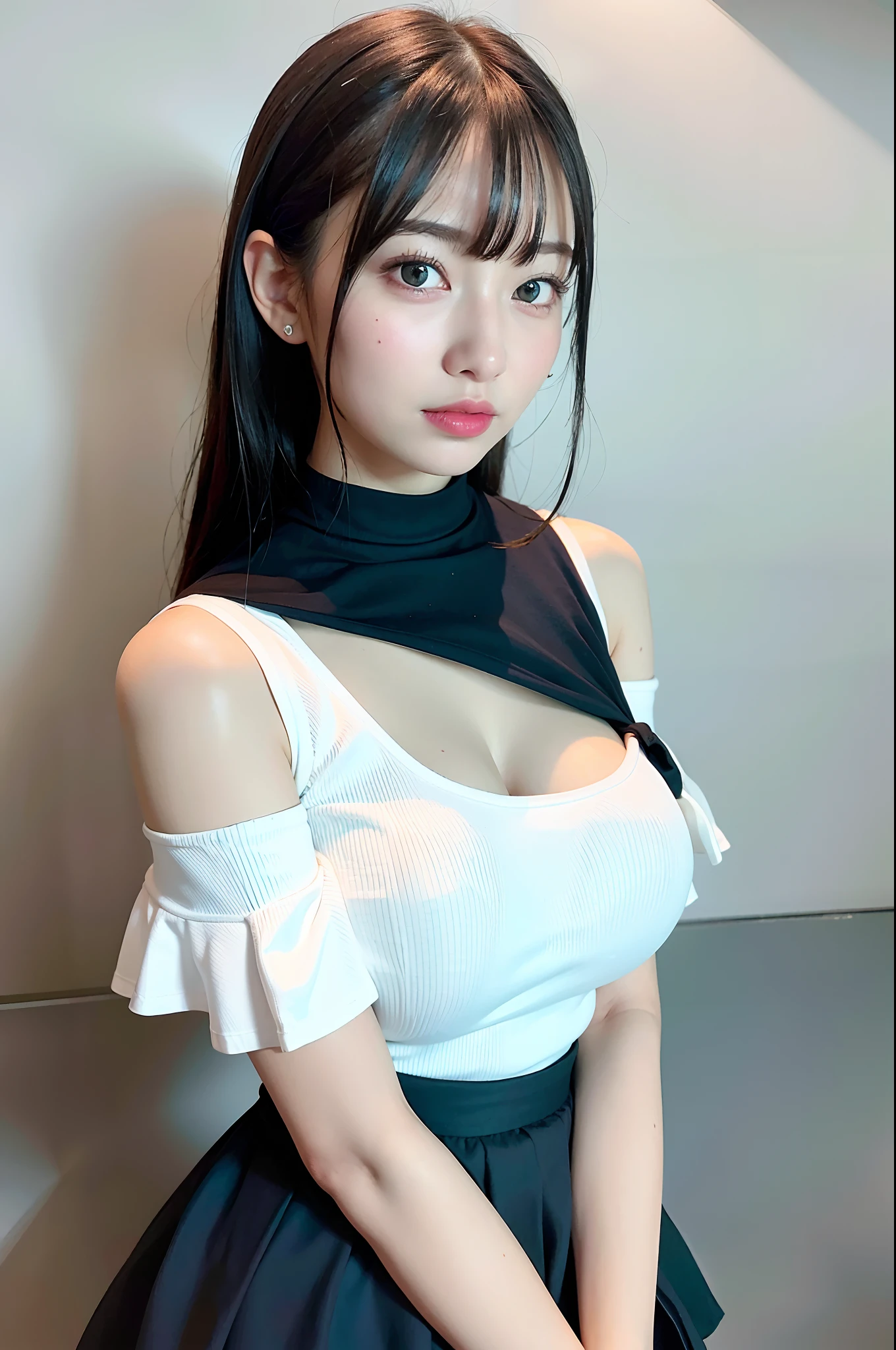 best quality, ultra high res, (photorealistic:1.4), 1girl, off-shoulder white shirt, black tight skirt, black choker, (faded ash gray hair:1), (huge breasts:1.2), looking at viewer, closeup ,