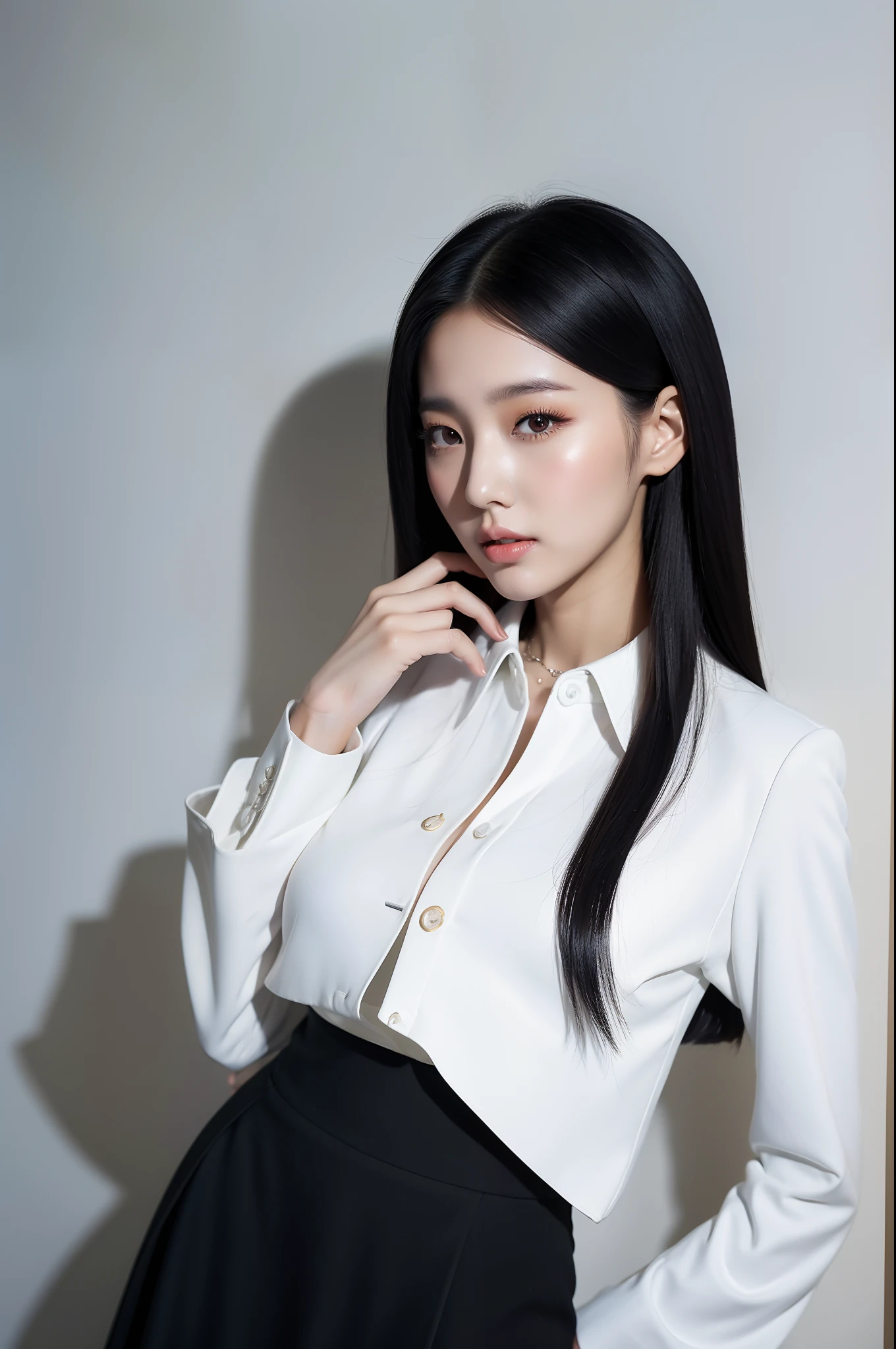 ((surreal、Super detailed image, maybe a photo.,Captures the details of the skin texture of an incredibly beautiful woman..))long straight black hair。Elegant Blazer.