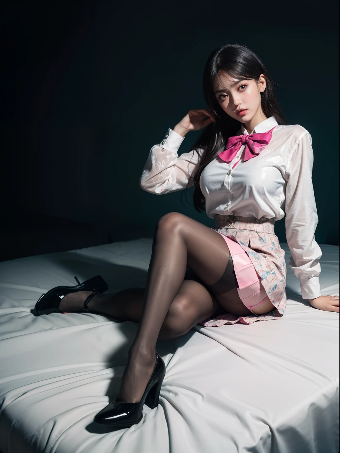 (full body:2)，(1girl:1.3),(view the viewer:1.4)，(anatomy correct:1.45),(Sitting on the bed with a cola:1.35),(very thick printed pantyhose:1.4),(A mature and sensual woman Wear printed fantasy colorful JK student uniform pleated skirt and uniform pointed high-heeled leather shoes :1.35)，(A woman with large buttocks, breasts, and a slender waist:1.4), (Light particle effect:1.3),(In pink | amarelo | blue colors| green color |red color | white colors| black in color| purplish color| greys| Beige| Flesh color 1.4)，(Glowing eyes:1.3),(Large amplitude action: 1.3)，(Accurate and perfect face:1.4),hyper HD, Ray traching, reflective light，structurally correct, Award-Awarded, high detail, lighten shade contrast, Face lighting，cinmatic lighting, tmasterpiece, super detailing, high quality, high detail, best quality, 16k，High contrast,