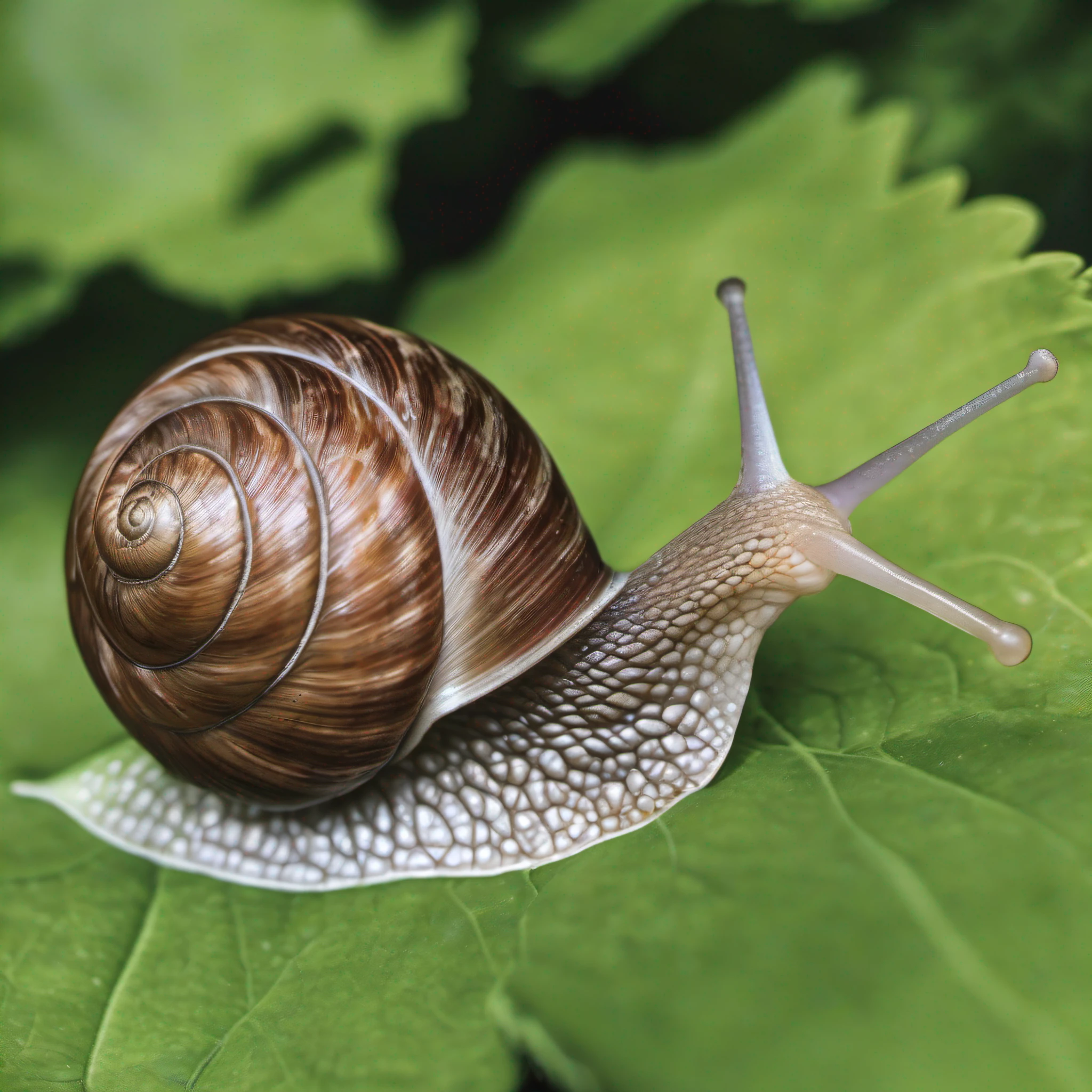 Close up of a snail on a hydrangea leaf