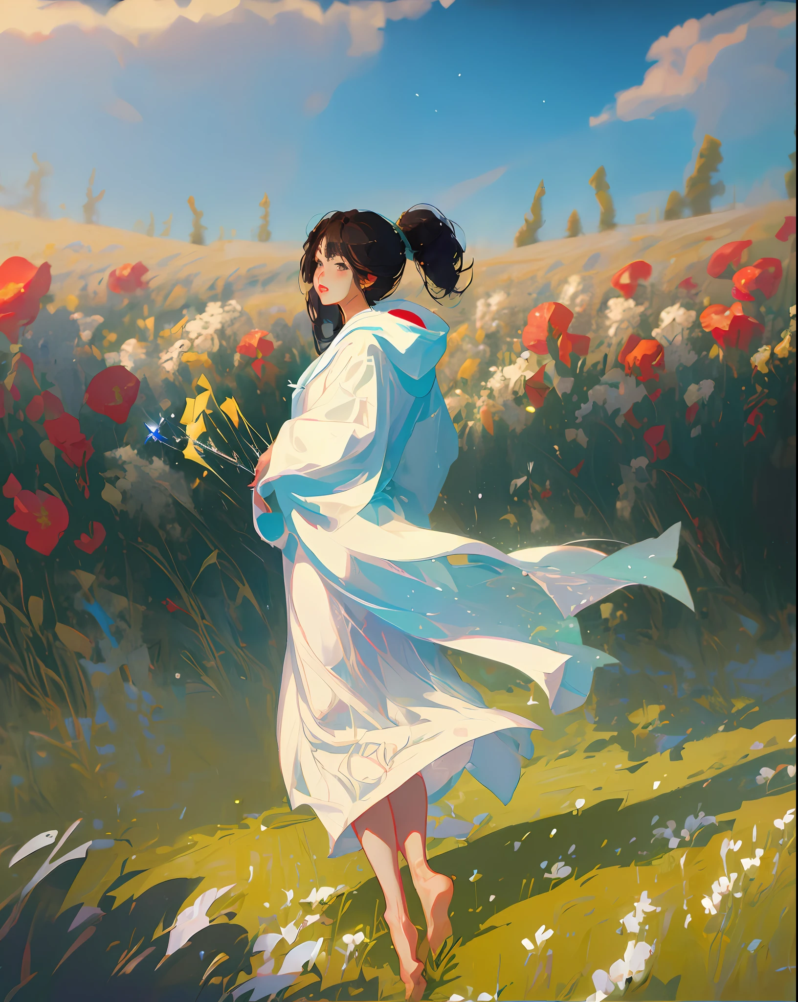 bathrobe、sparklers、Beautuful Women、flower field