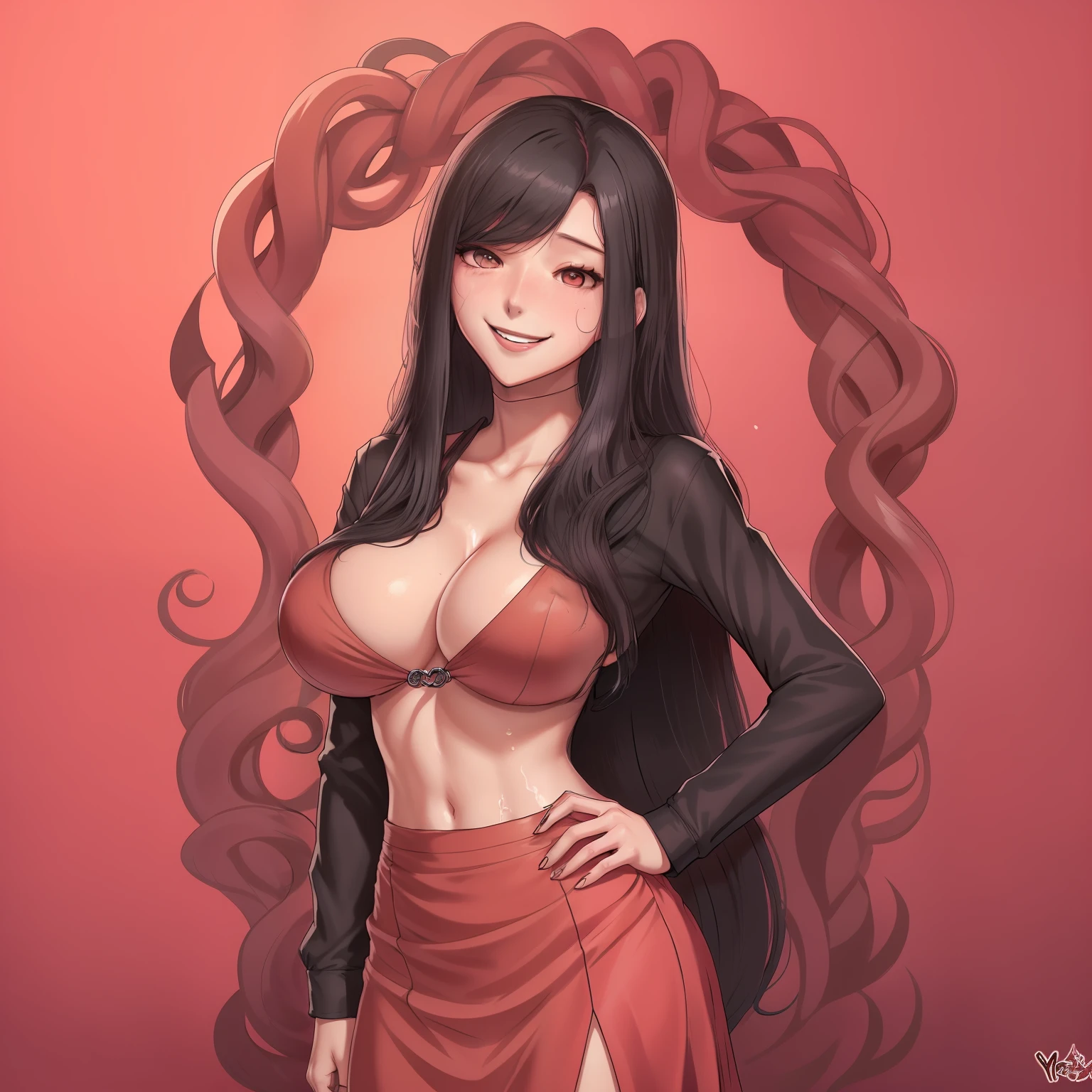 1girl,medusa,he tall,long wet black hair,super big breast,(P cup),age 17,happy and smile very detailed face,medusa long shirt and long skirt outfit,full body,red peach lips,her nose and cheek was red