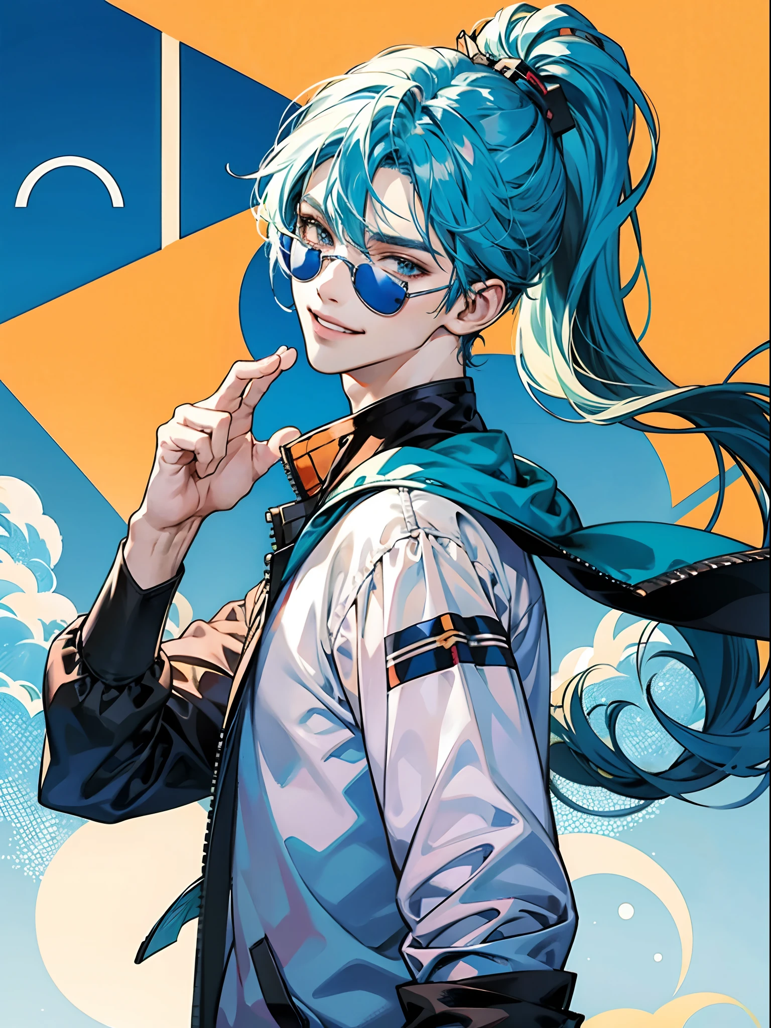 Two-dimensional anime characters，Long blue hair and high ponytail boy，With sunglasses，ssmile