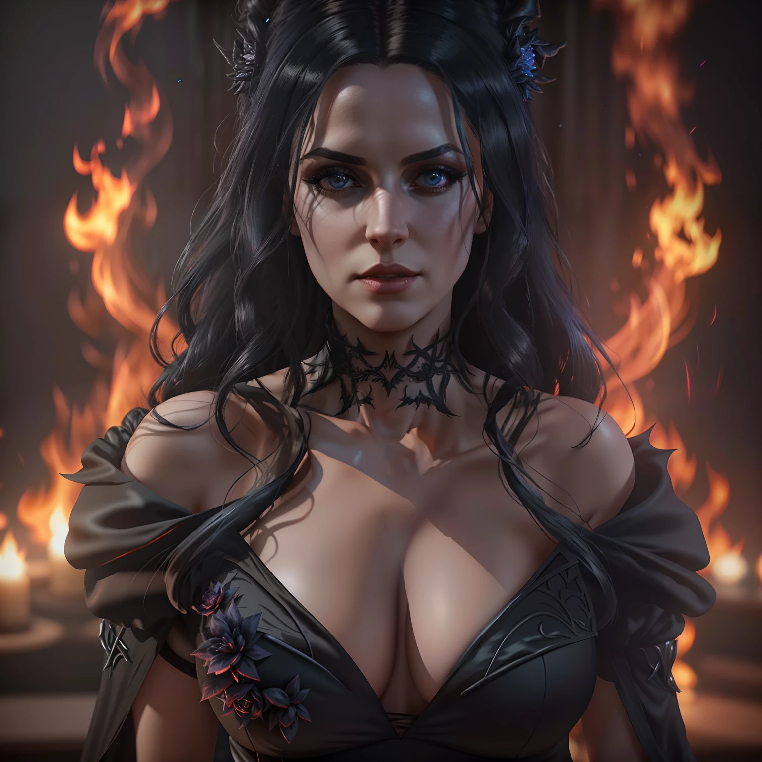 There was a woman in a black dress，The background is flames, 3 D rendering character art 8 K, fantasy style 8 k octane render, unreal engine rendered + A goddess, beautiful elegant demon queen, Yennefer, stuning fantasy 3 d render, yennefer of vengerberg, 8 k sensual lighting, beautiful vampire female queen