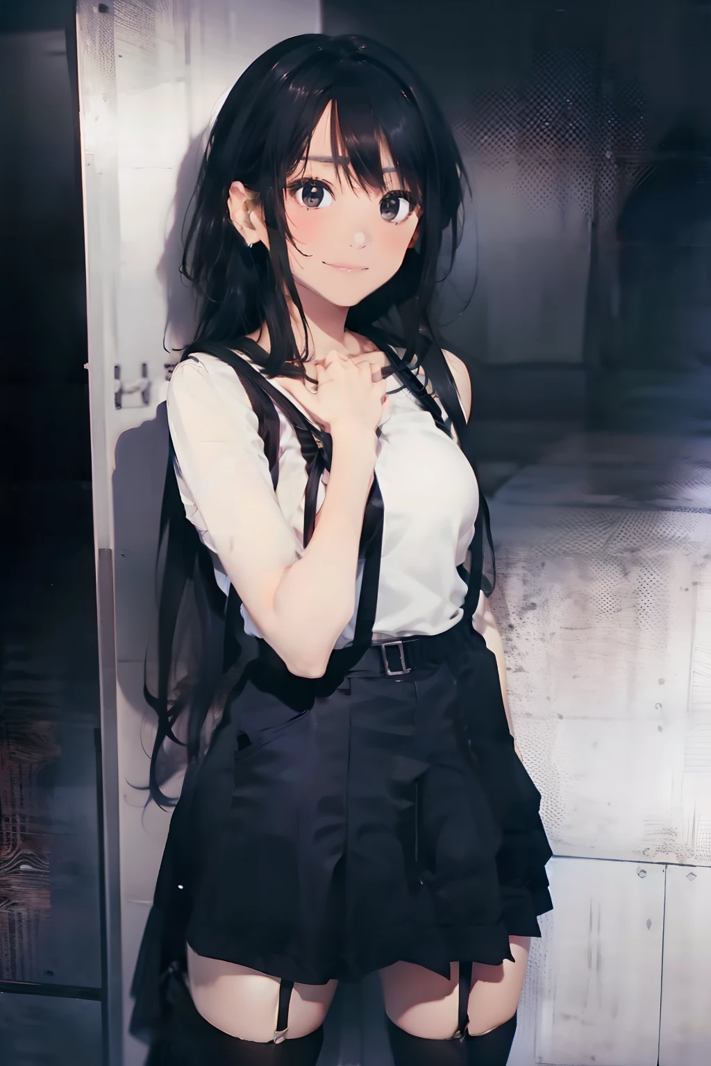 a black skirt, neck tie, Tank tops suspenders, Long Black Hair, Gray eyes, holster, Garter belt on the legs, Moderately breasts, hands above your head, Big breasts, Pichi Pichi clothes, both sides