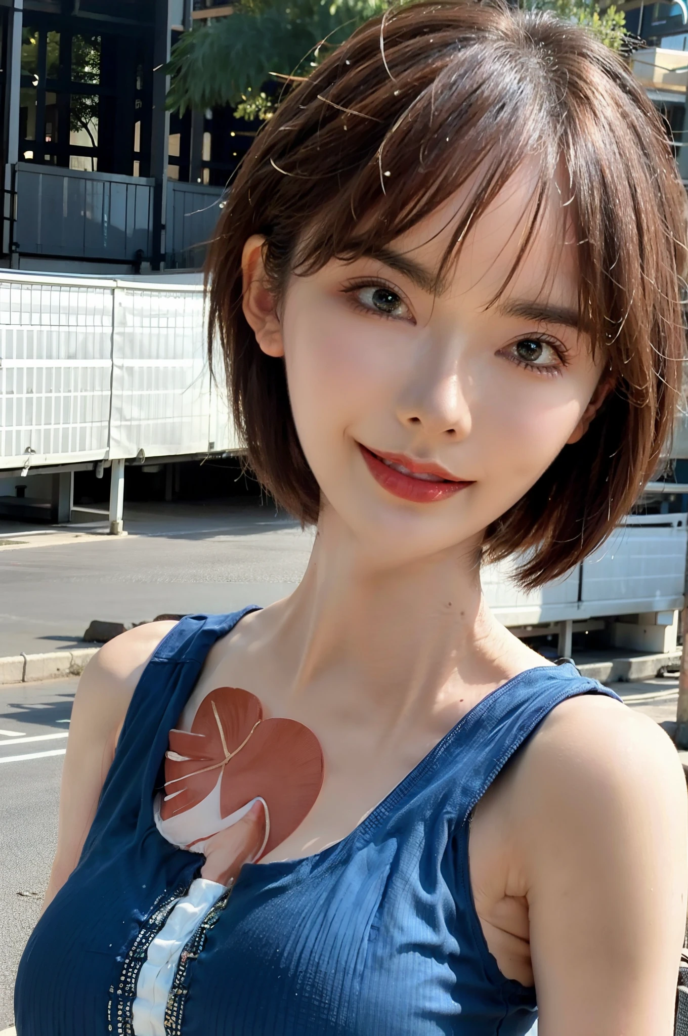 a woman posing on the street corner with light blue dress on, best quality, 1girl, large breasts, day, bright, blur background, bokeh, outdoor, (street:0.8), (people, crowds:1), (lace-trimmed dress:1.5, sleeveless dress, light blue clothes, light blue high-neck dress:1.2, blue dress: 1.5), gorgeous, (short hair, forehead:1.2), beautiful detailed sky, earrings, (dynamic pose:1.2), (upper body:0.8), soft lighting, wind, shiny skin, smile,