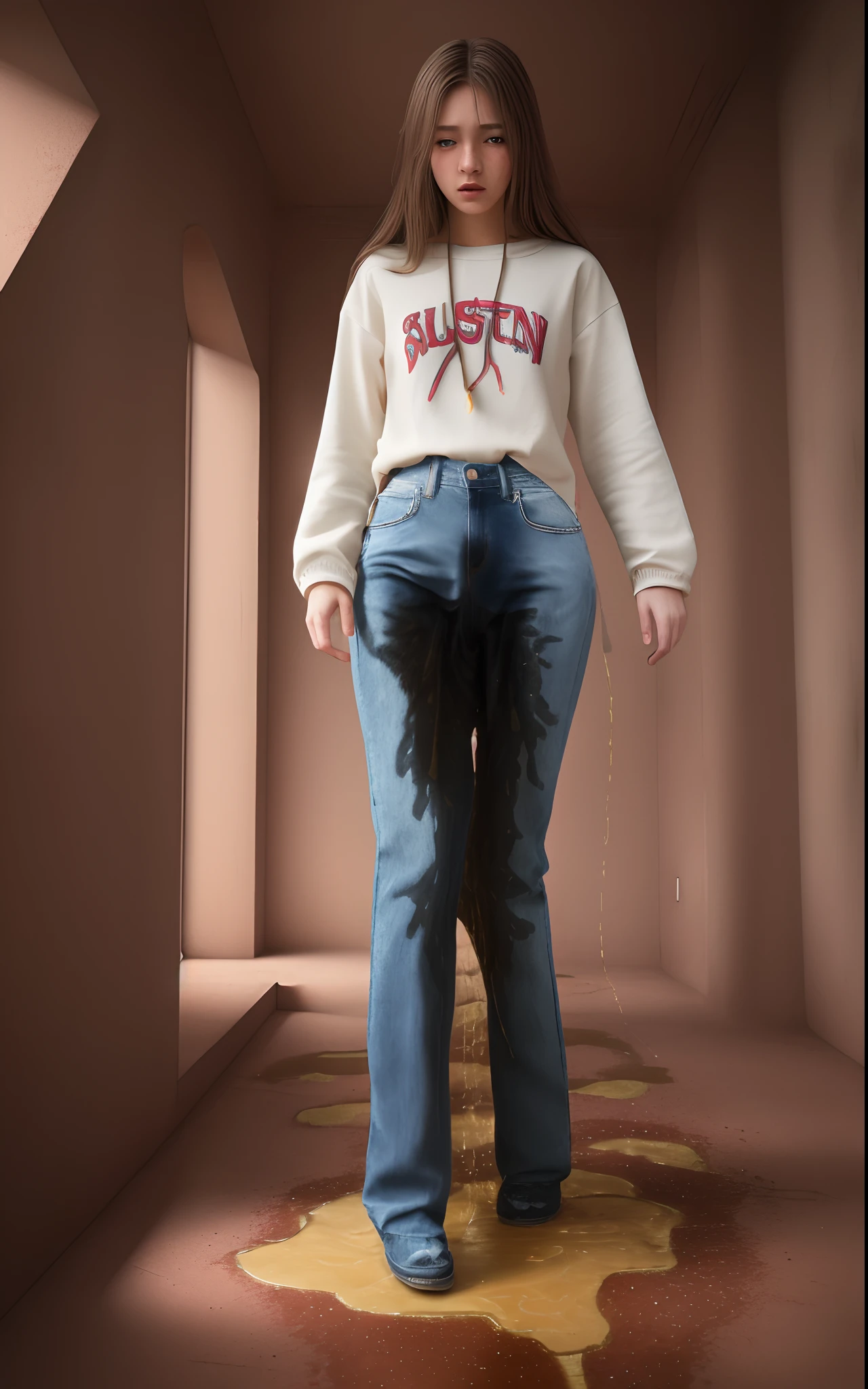 RAW photo, best quality, masterpiece, highres, realistic, 8k, soft lighting, cinematic lighting, (3girls), 20 years old, blue jeans pants, ((full body)), blush, worried, ((((((pee stain))))))