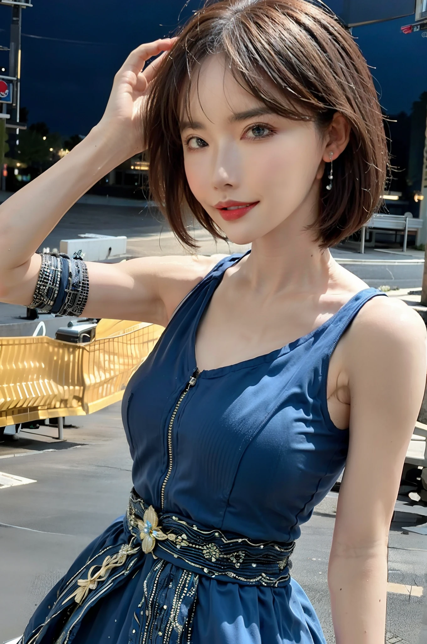 a woman posing on the street corner with light blue dress on, best quality, 1girl, large breasts, day, bright, blur background, bokeh, outdoor, (street:0.8), (people, crowds:1), (lace-trimmed dress:1.5, sleeveless dress, light blue clothes, light blue high-neck dress:1.2, blue dress: 1.5), gorgeous, (short hair, forehead:1.2), beautiful detailed sky, earrings, (dynamic pose:1.2), (upper body:0.8), soft lighting, wind, shiny skin, smile,