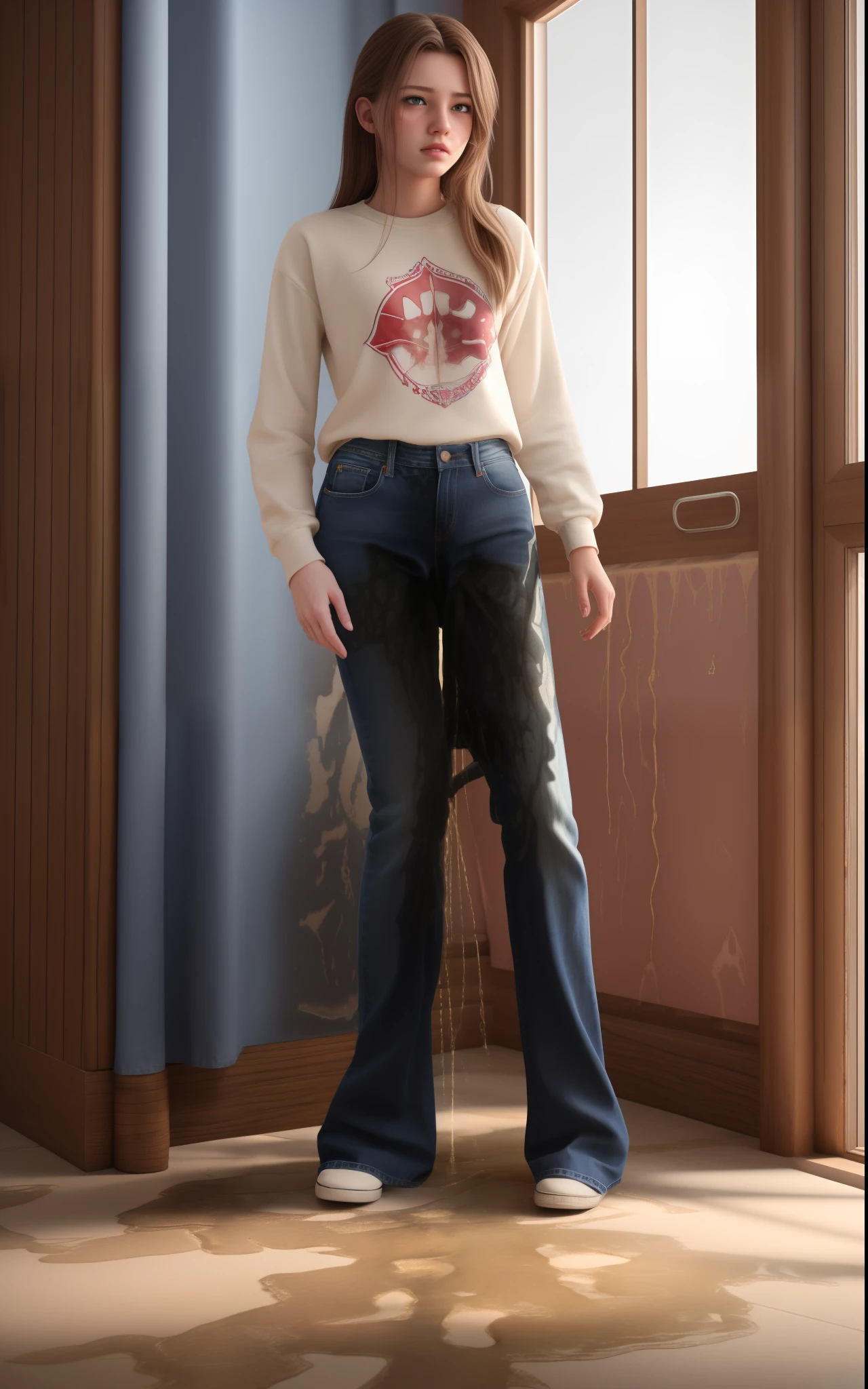 RAW photo, best quality, masterpiece, highres, realistic, 8k, soft lighting, cinematic lighting, (3girls), 20 years old, blue jeans pants, ((full body)), blush, worried, ((((((pee stain))))))