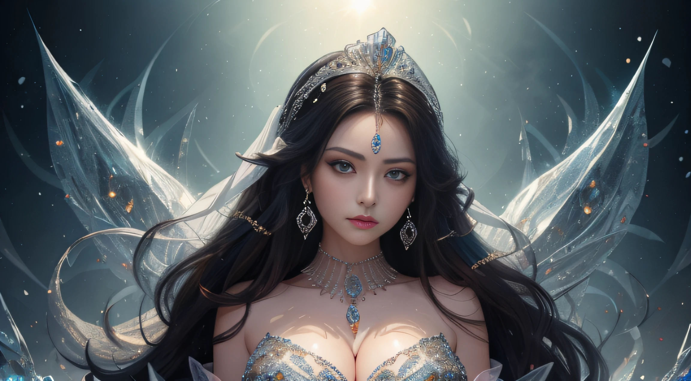 tmasterpiece,Highest image quality,Beautiful full body portrait of the Royal Lady,gigantic cleavage breasts,Delicate black hairstyle,Amber eyes are clear,Embellished with a dazzling array of intricate jewelry,super detailing,upscaled。