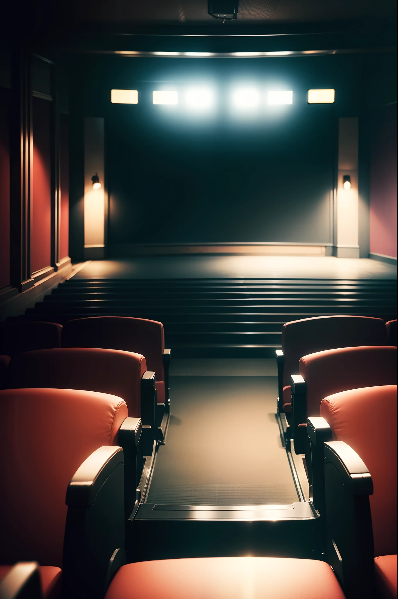 Inside the movie theater Sit on a chair Behind you View the screen The background is dark interior Faint light from the screen Silhouettes of other spectators Quiet and exciting atmosphere