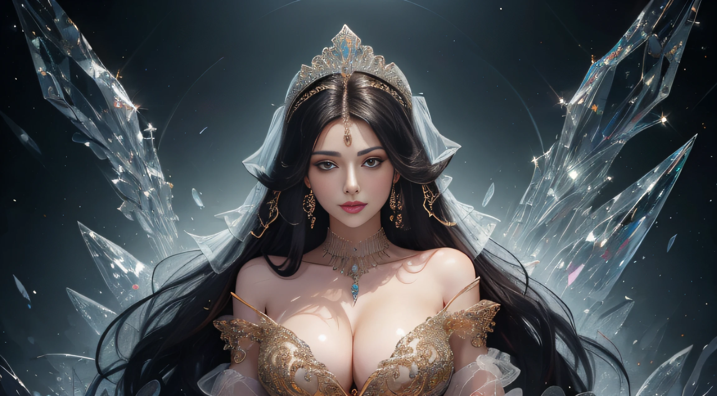 tmasterpiece，Highest image quality，Beautiful full body portrait of the Royal Lady，gigantic cleavage breasts，Delicate black hairstyle，Amber eyes are clear，Embellished with a dazzling array of intricate jewelry，super detailing，upscaled。