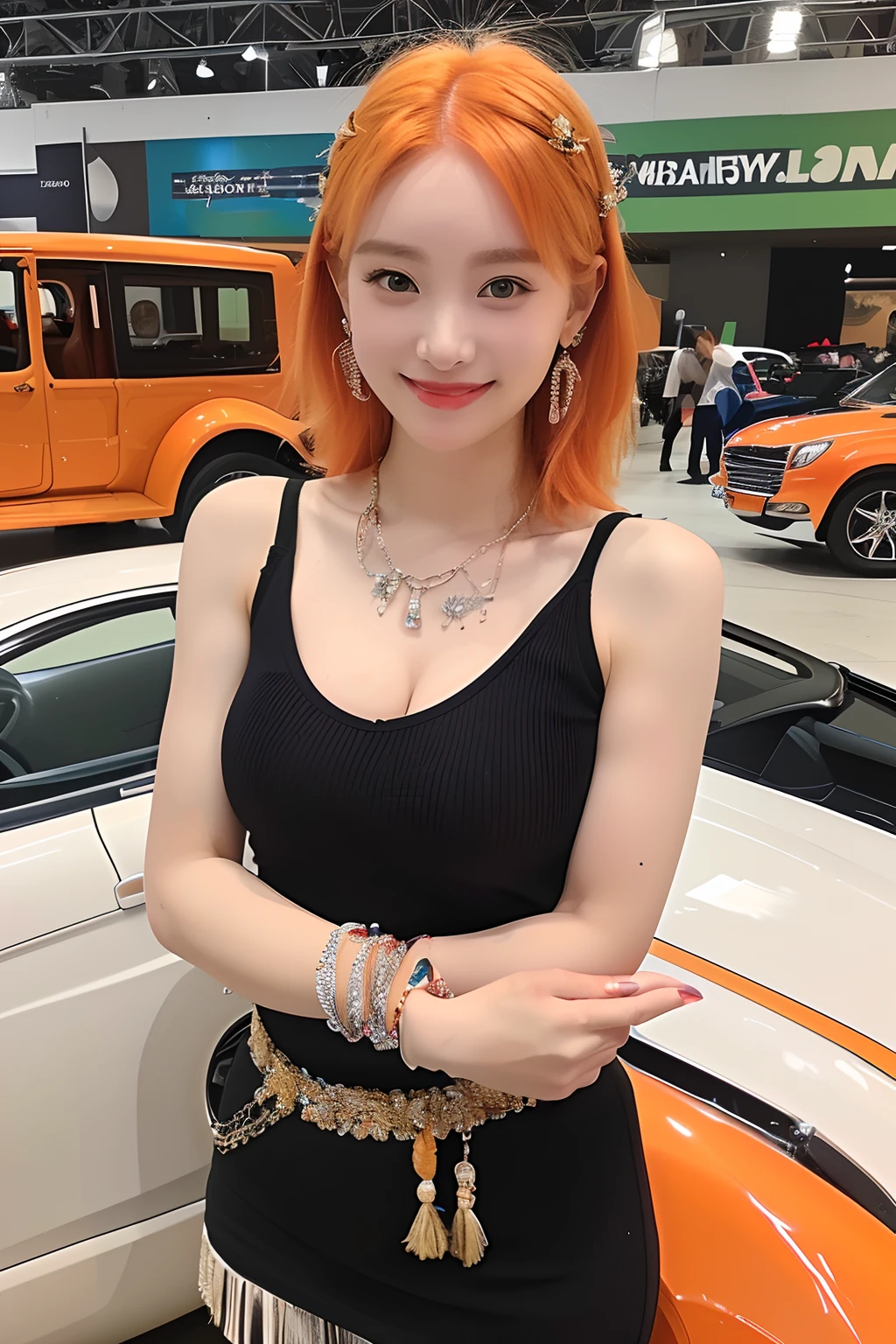 (extra detailed body、extra detailed face、best qualtiy:1.2)、femele、(Orange hair fancy hair ornament、15yo student、Outstanding smile、Earrings of shoulder-length bird feathers,、Fancy Necklaces、Bracelets、Tank tops、Split abs、JINS)、(American Car Exhibition Hall:1.4)