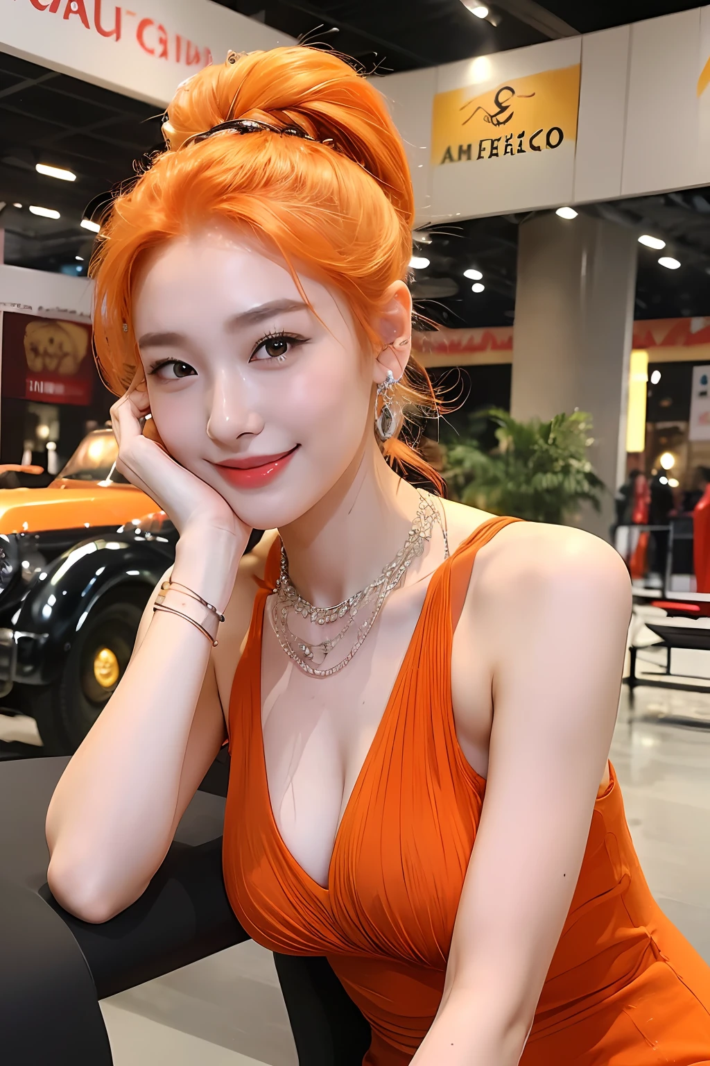 (extra detailed body、extra detailed face、best qualtiy:1.2)、femele、(Orange hair fancy hair ornament、、Outstanding smile、Earrings of shoulder-length bird feathers,、Fancy Necklaces、Bracelets、Tank tops、Split abs、JINS)、(American Car Exhibition Hall:1.4)