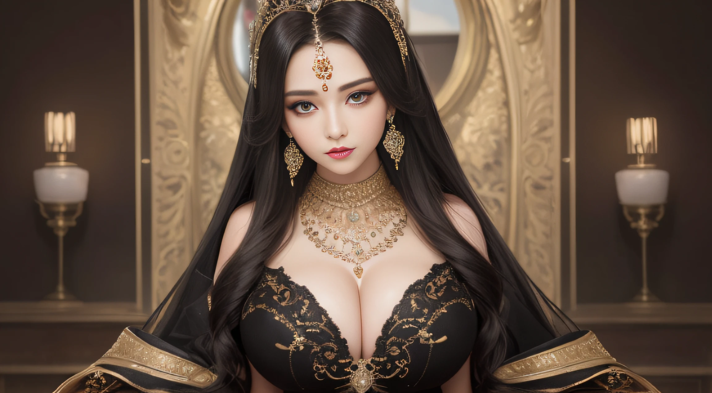 tmasterpiece,Highest image quality,Beautiful full body portrait of the Royal Lady,gigantic cleavage breasts,Delicate black hairstyle,Amber eyes are clear,Embellished with a dazzling array of intricate jewelry,super detailing,upscaled。