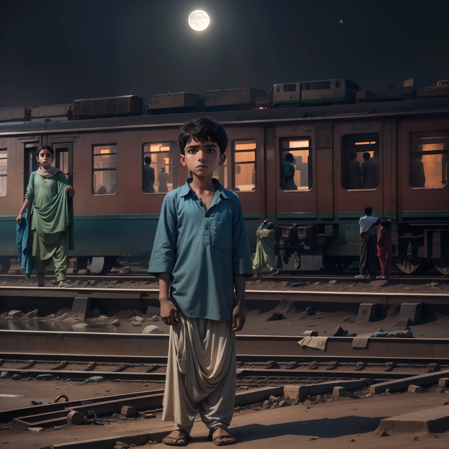 A boy standing in Lahore Railway station while moon is rising