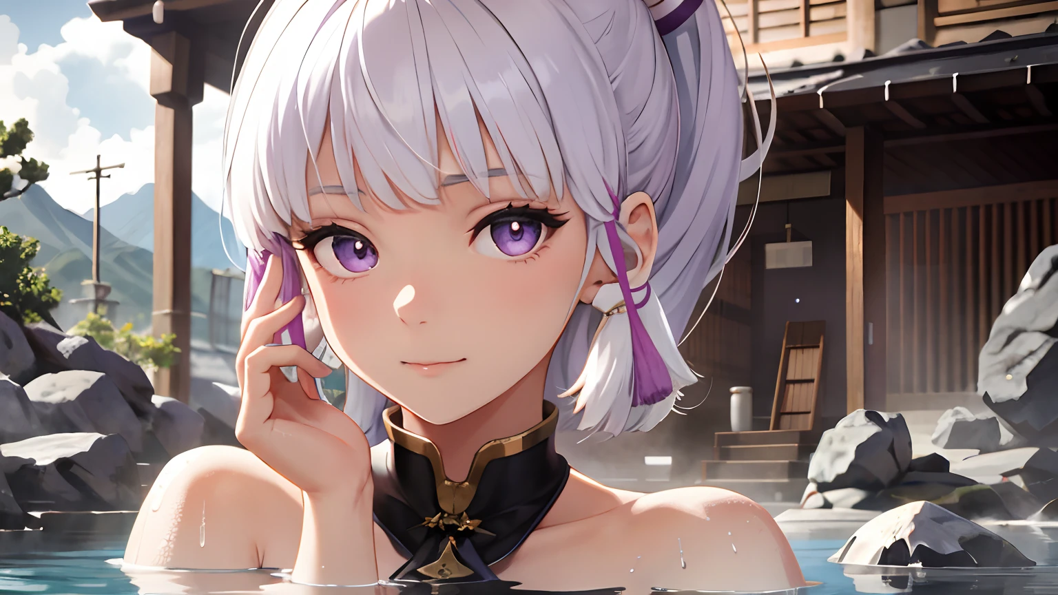 1girl, white hair, purple eyes, portrait, realistic, towel, (onsen), sidelighting, wallpaper, nsfw,