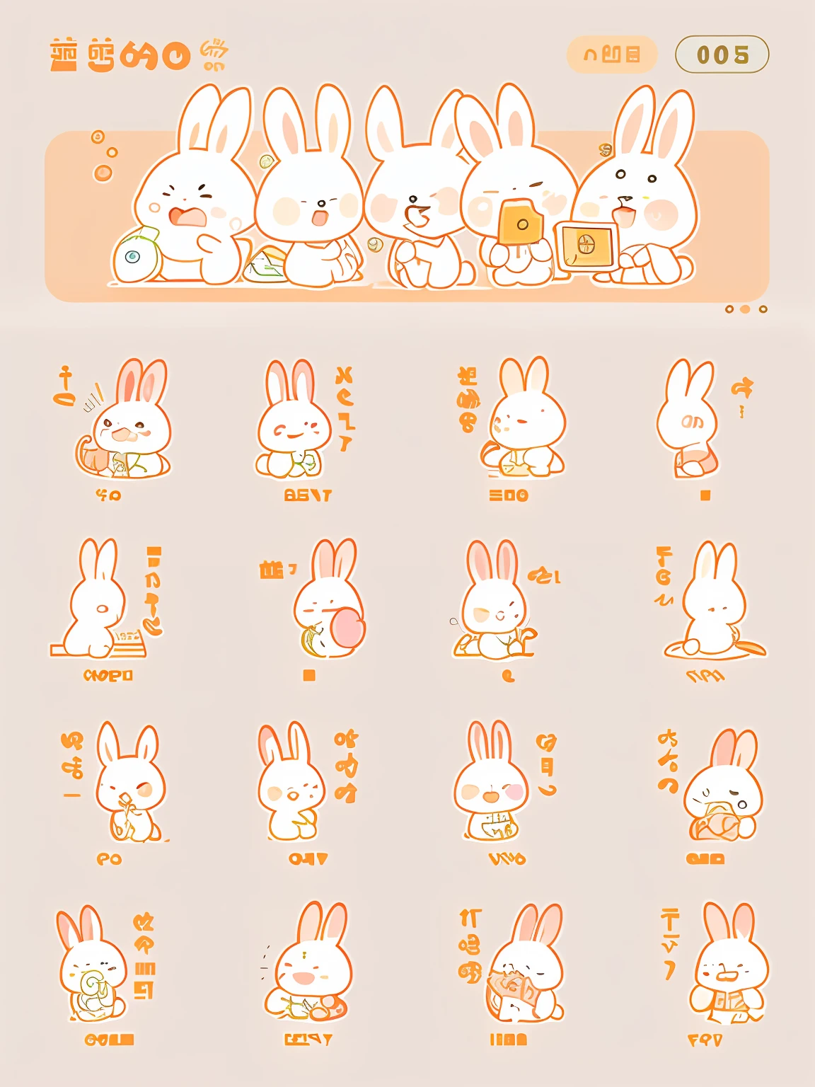 Close-up of cartoon rabbits with various expressions, unused sticker sheet, telegraph stickers, Rabbit_Bunny, telegraph stickers design, 2 5 6 x 2 5 6, 256x256, a sticker, cute character, Cute characters, kawaii cutest sticker ever, edgBunny_Character, stickers illustrations, cute anthropomorphic bunny, stickers illustrations