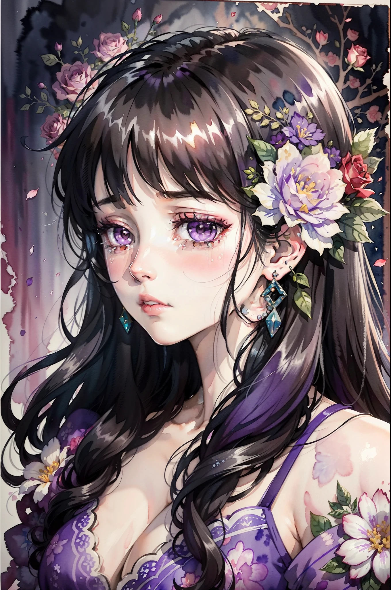 (Watercolor: 1.3), (Watercolor), Ink, A Beautiful Girl, Solo, Rose Flowers of Multiple Colors, Portrait, Leaves, Bangs, Black Hair, Long Hair, Purple Eyes, Flower Earrings, (Crying), Full Body Portrait, 4K Resolution, High Resolution, Ultra High Resolution, Epic Shooting, Detailed, Accurate, Detailed, (Masterpiece)