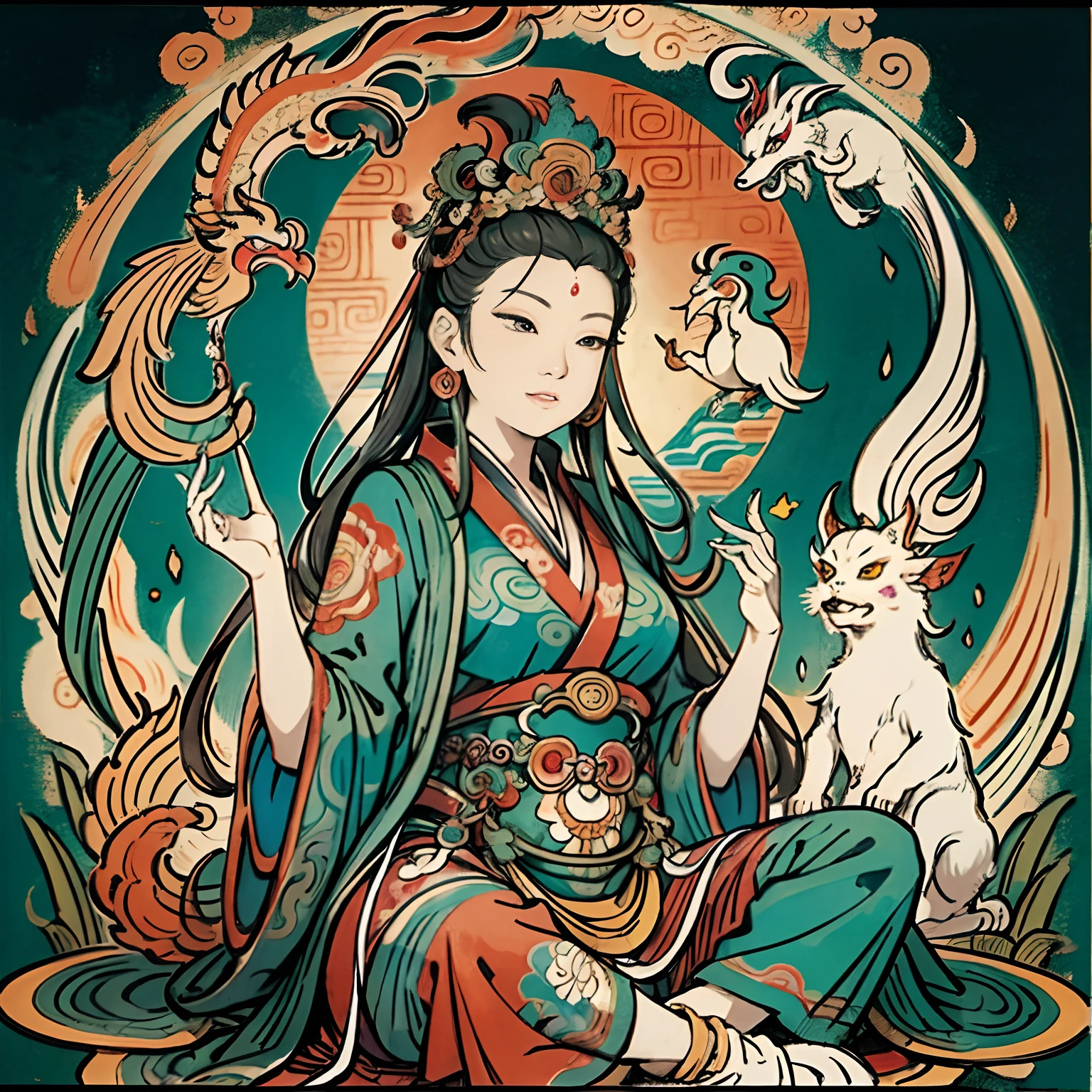 an ancient Chinese goddess, guanyin of the southern seas, Guanyin, Inspired by India, Avalokiteshvara rides a phoenix,,Serene expression,shui mo hua,Buddha,Buddhist,Lotus,Chinese painting style,Thangka style