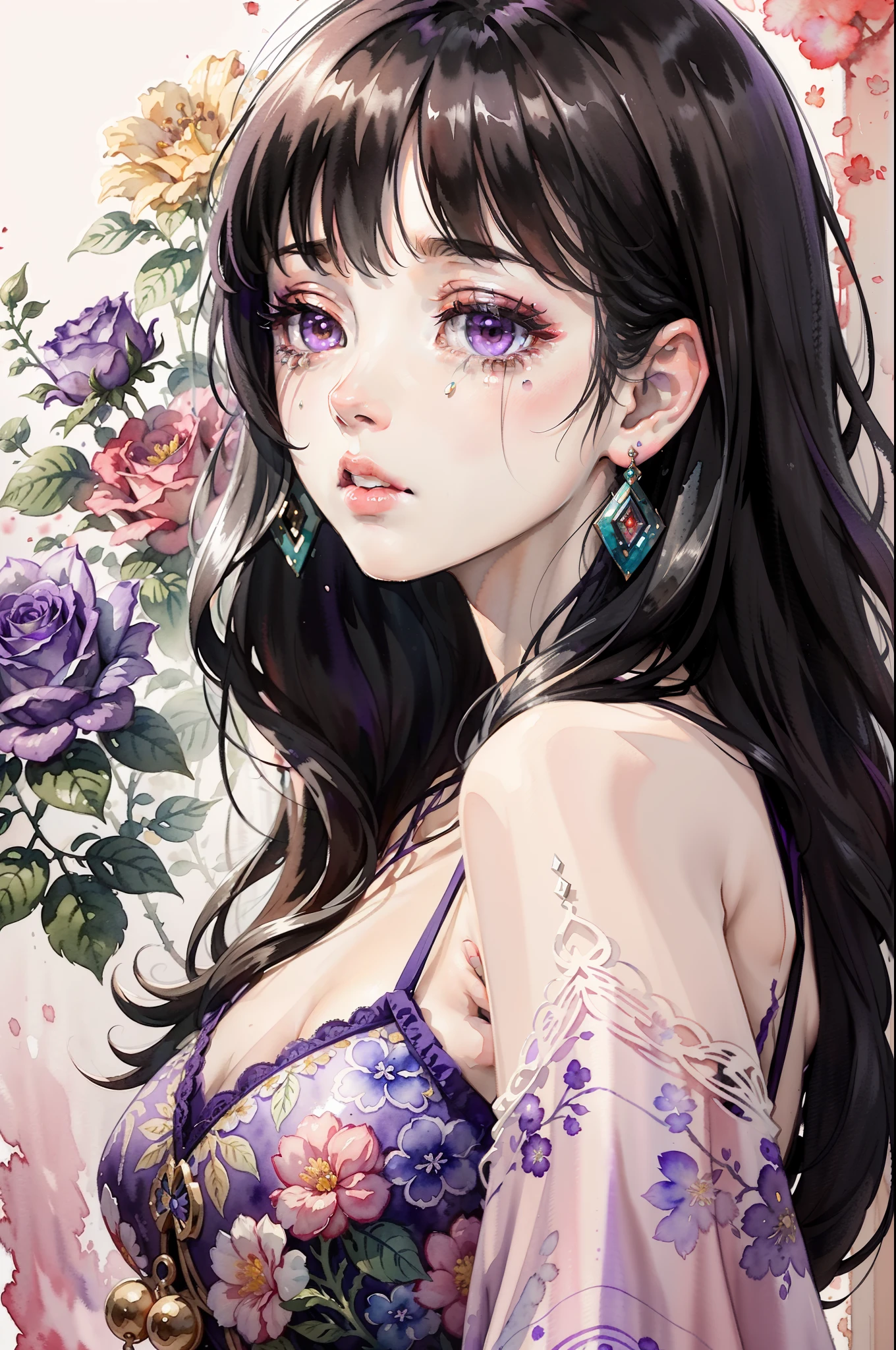 (Watercolor: 1.3), (Watercolor), Ink, A Beautiful Girl, Solo, Rose Flowers of Multiple Colors, Portrait, Leaves, Bangs, Black Hair, Long Hair, Purple Eyes, Flower Earrings, (Crying), Full Body Portrait, 4K Resolution, High Resolution, Ultra High Resolution, Epic Shooting, Detailed, Accurate, Detailed, (Masterpiece)