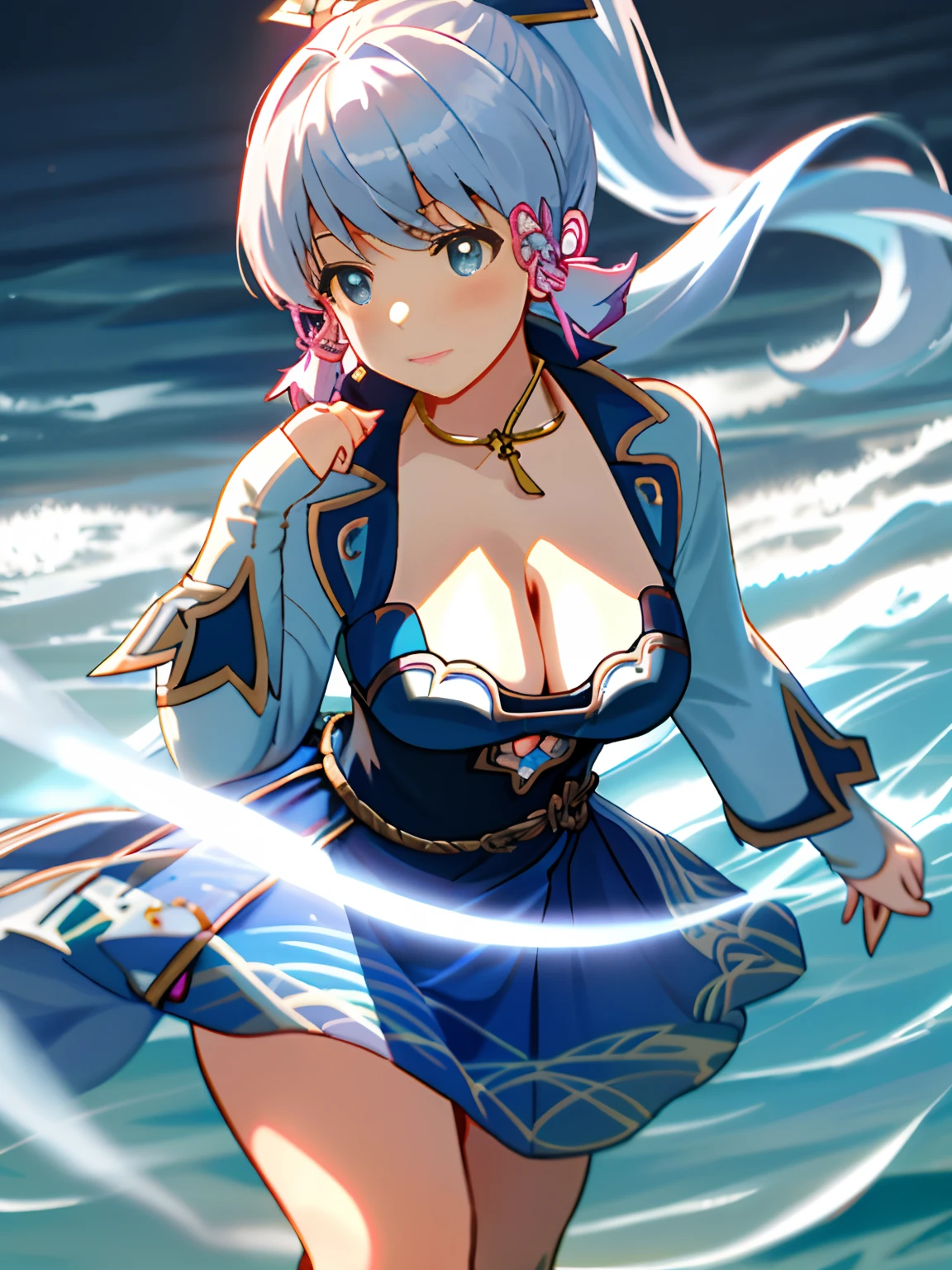 Pink swimsuit,Extremely refined and beautiful,astounding,finedetail,(Most Best Illustration),(Best shadow),the sea,sandbeach,Long wavy body,high high quality,highly detailed,Epic,Particle effect,Dynamic effects,surround),sharp fokus, 8K UHD, high qulity, (filmgrain:1.4),offcial art, Unity8k wallpapers, ultra - detailed, Beautiful and beautiful, best qualityer, (Tangled, entangled), (s fractal art: 1.4), 1girll, small thighs, nabel, The is very detailed, dynamic angle, (The most beautiful chaotic shape), (Bright colors),(ssmile: 0.5), Hyper-detailing, (dent in the skin), femele, Detailed body, (Detailed face: 1.1), (contoured iris), (Watercolor lenses), (perfect eyes), opulent, (tmasterpiece: 1.2), (best qualtiy:1.2), Wide buttock, thick thight, (Large breasts:1.5) Big breasts and big breasts (huge tit:1.7), detailedbackground, Movie light,Best shadow,Cute detail face,Dramaticlight,complexdetails,etherealglow,独奏,full bodyesbian,Tempting(cleavage:2.0),Enchanting,Big breasts Thin waist,Gorgeous goddess,,pale blue color eyes,looking at viewert,delicate patterns,volumettic light,The girl has a high ponytail on her head,Girl with light blue hair,photorealestic(2.0)