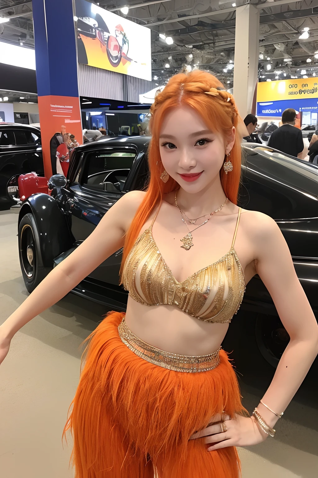 (extra detailed body、extra detailed face、best qualtiy:1.2)、femele、looking at the viewers(Orange hair fancy hair ornament、、Outstanding smile、Earrings of shoulder-length bird feathers,、Fancy Necklaces、Bracelets、Tank tops、Split abs、JINS)、(American Car Exhibition Hall:1.4)