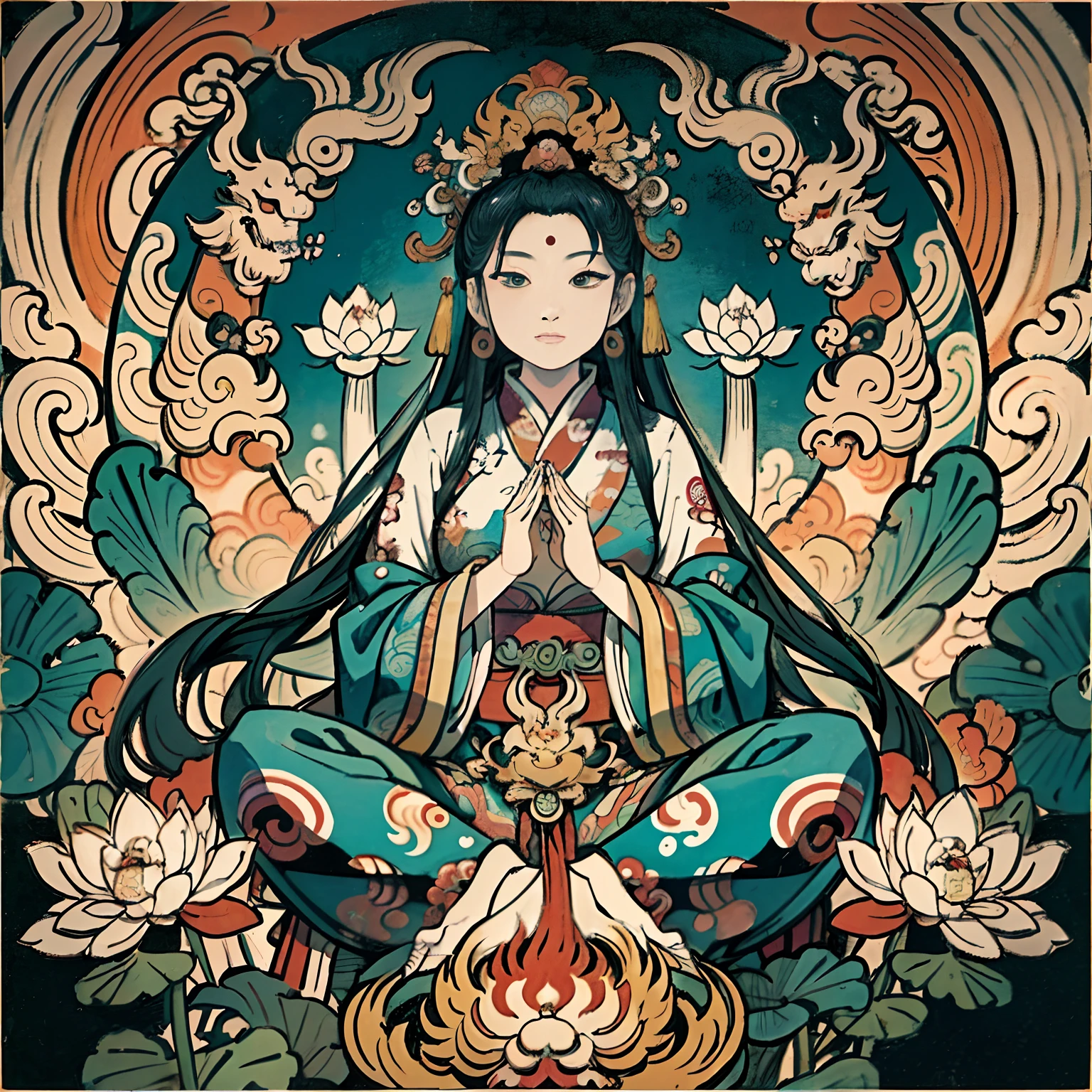 an ancient Chinese goddess, guanyin of the southern seas, Guanyin, Inspired by India, Avalokiteshvara rides a dragon,,Serene expression,shui mo hua,Buddha,Buddhist,Lotus,Chinese painting style,Thangka style
