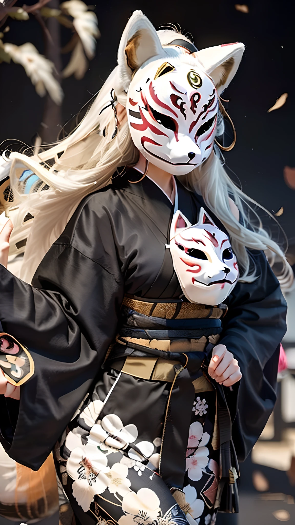 (A beautiful kunoichi) with (flowing white hair), donned in a (fox mask:1.5), striking a (powerful ninjutsu pose), showcasing (black fishnet ninja attire) and (multiple flowing white foxtails).