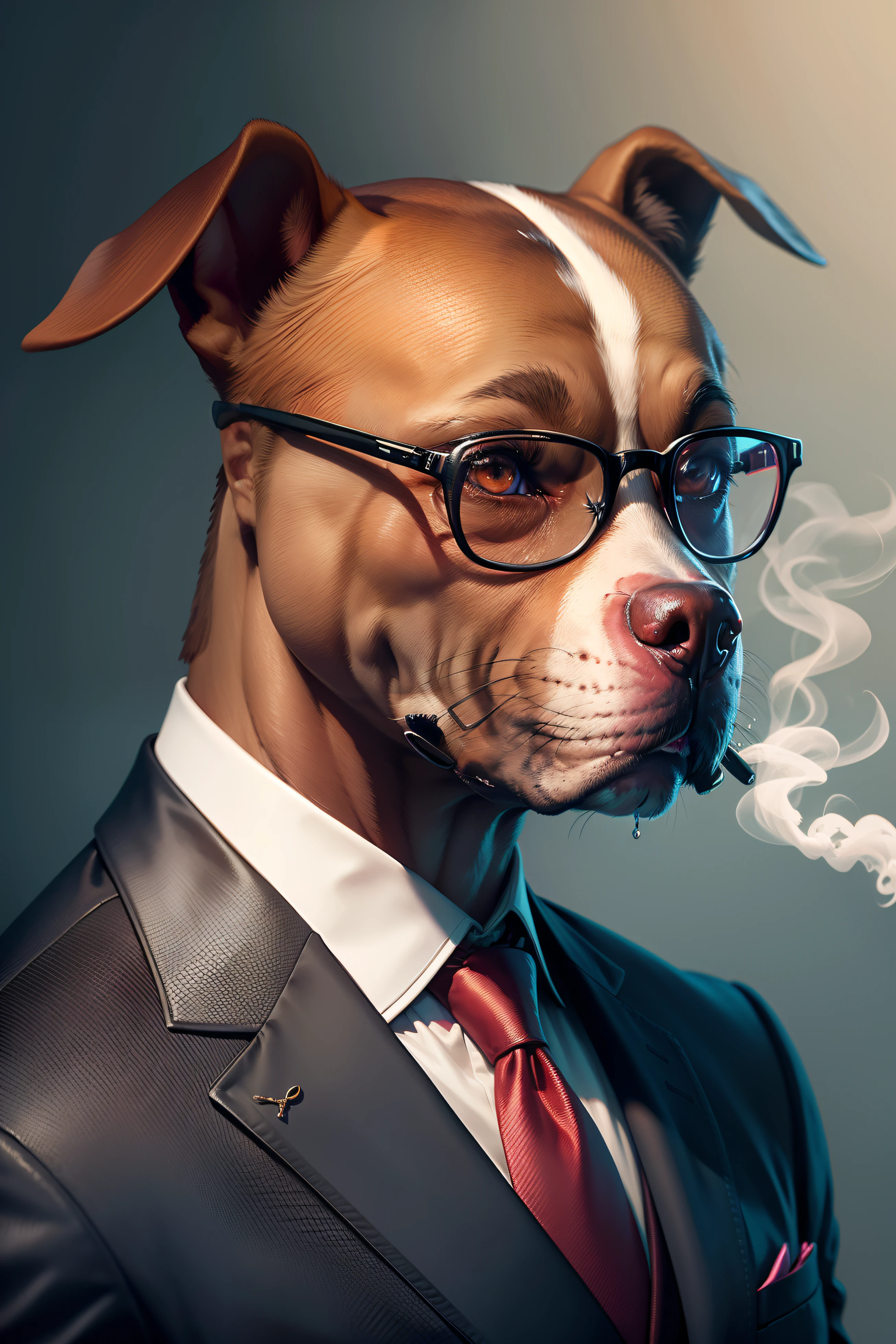 Pitbull Dog Smoking Cigarette Wearing Glasses Dress Suit and Tie Vibrant Colors Strong 8k Realistic Fine Strokes