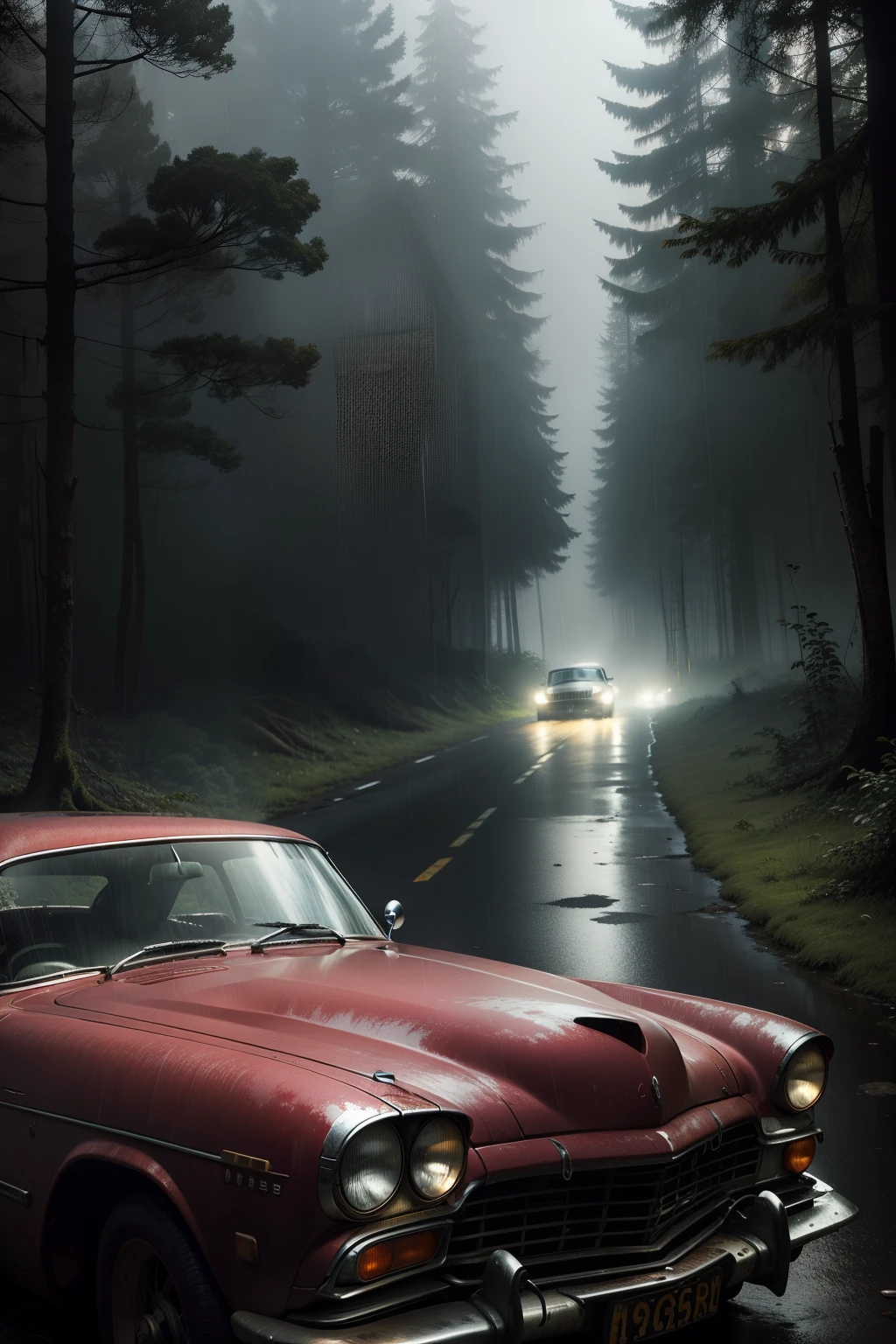 classic car abandoned in a deep forest old buildings in the distance raining at night red lights glaring