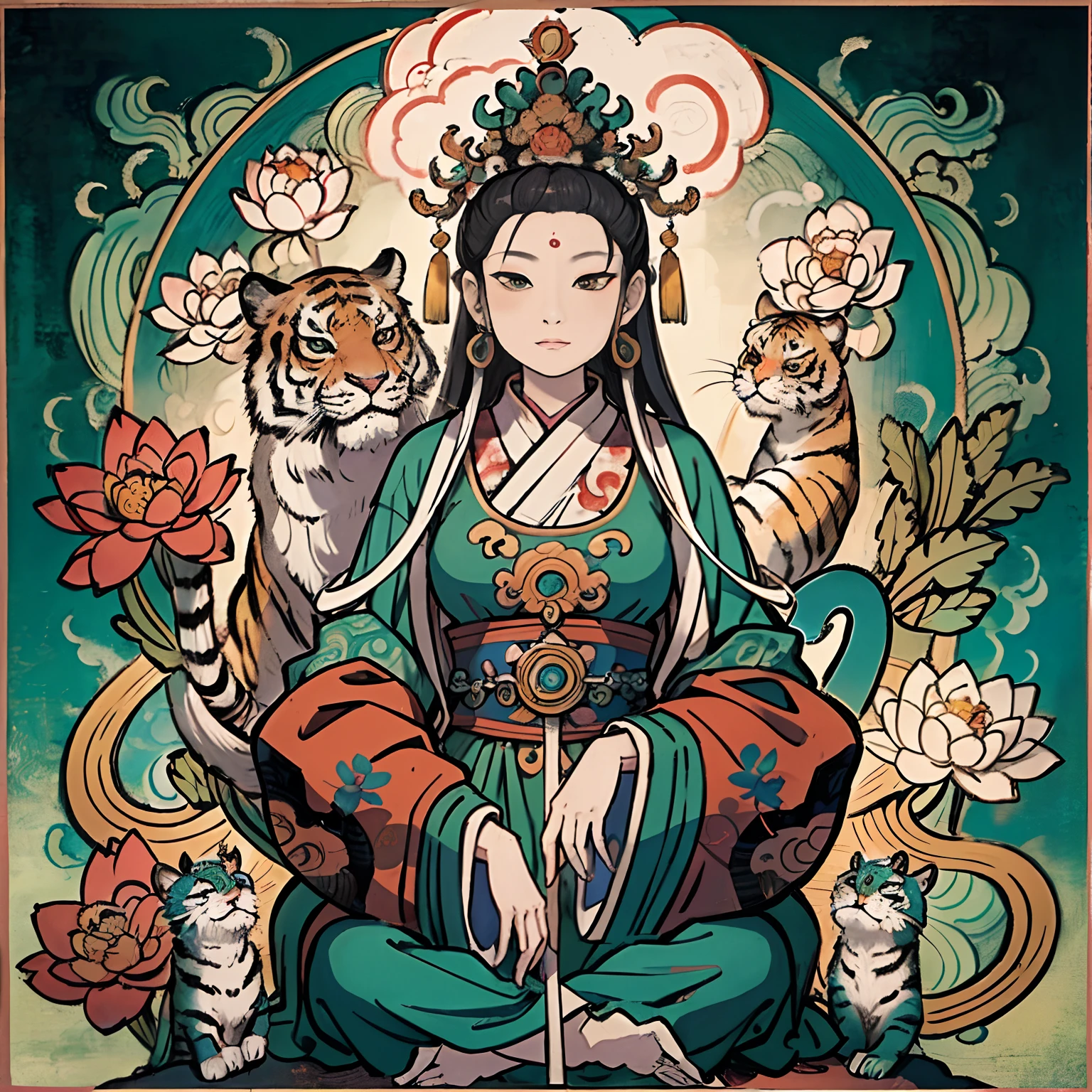 an ancient Chinese goddess, guanyin of the southern seas, Guanyin, Inspired by India, Avalokiteshvara rides a tiger,,Serene expression,shui mo hua,Buddha,Buddhist,Lotus,Chinese painting style,Thangka style